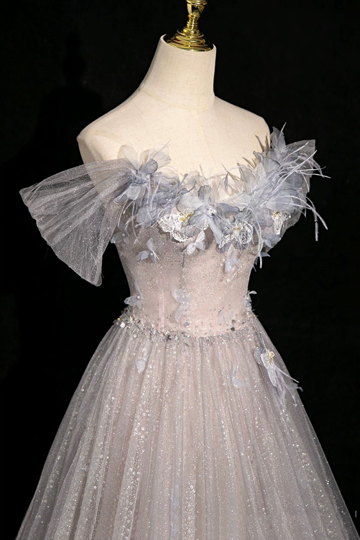 Gray Flower Tulle Long Prom Dress, A-Line Off the Shoulder Party Dress
