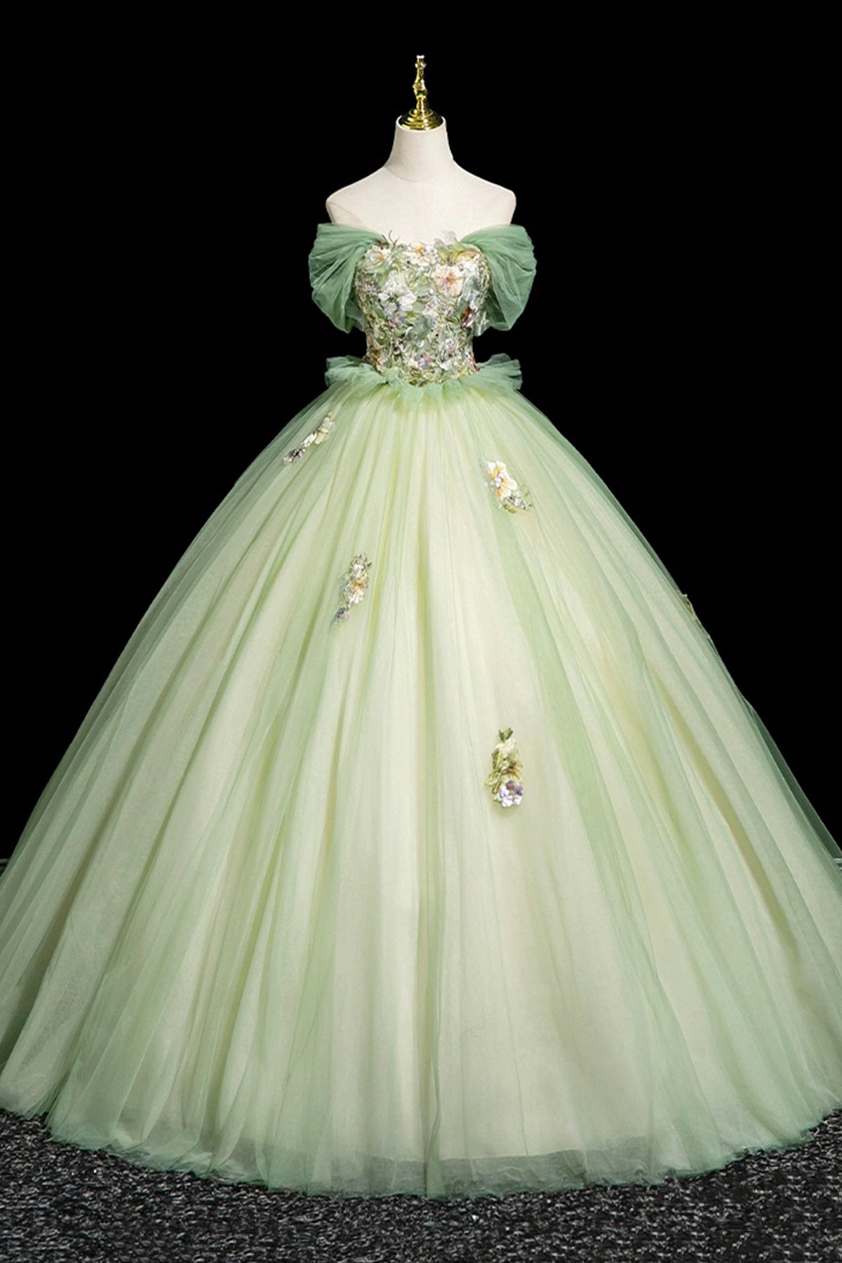 Sage Green Sequins Lace Flower Prom Dress, Beautiful Off the Shoulder Party Dress