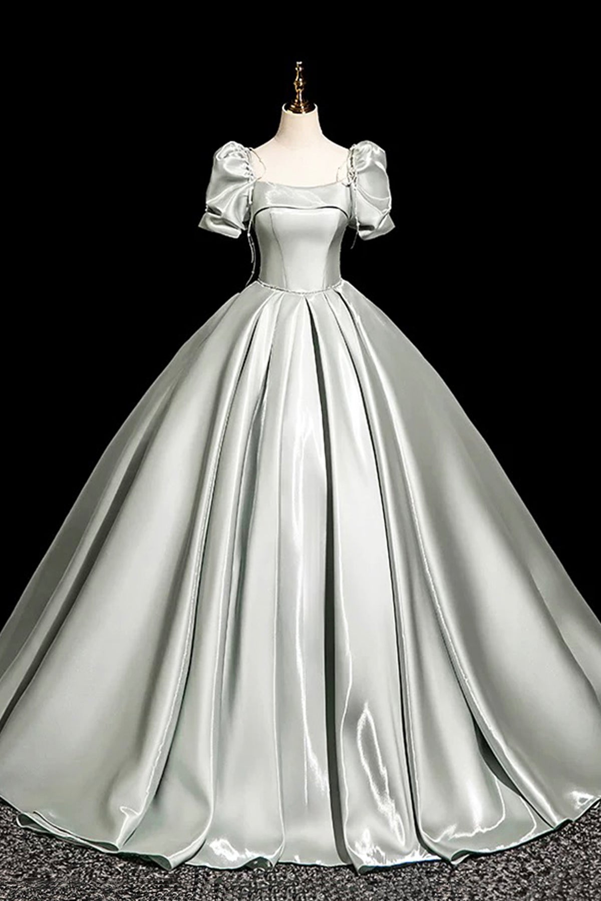 Gray Green Satin Long Prom Dress, Beautiful A-Line Short Sleeve Party Dress