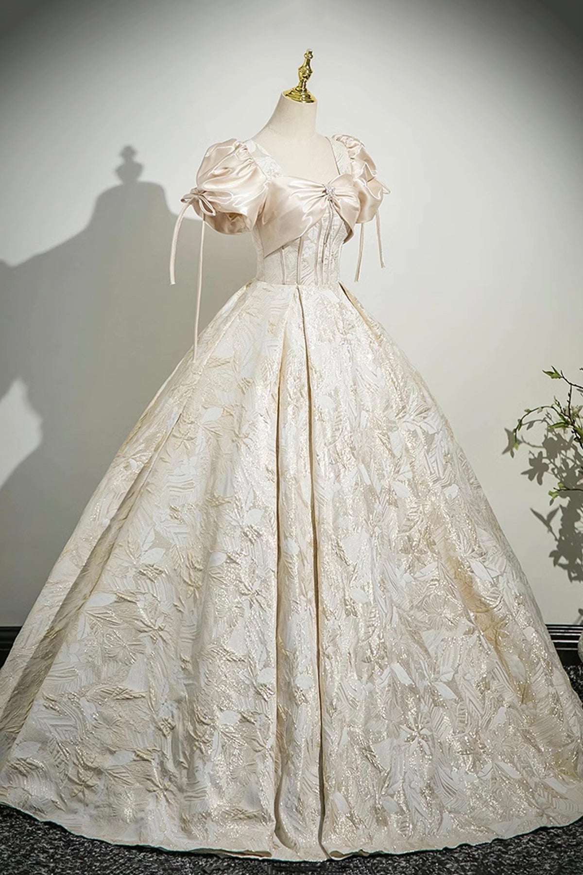 Champagne Satin Printed Pattern Long Prom Dress, Beautiful A-Line Party Dress