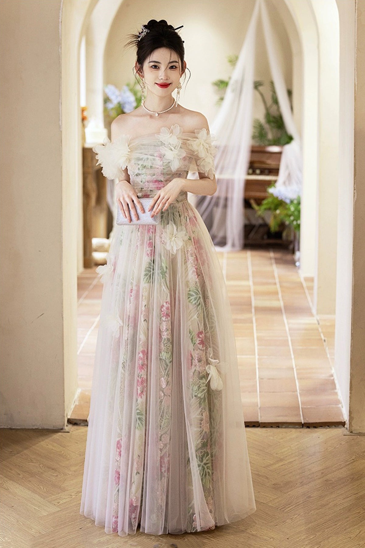 Beautiful Tulle Floral Long Prom Dress, A-Line Off the Shoulder Party Dress