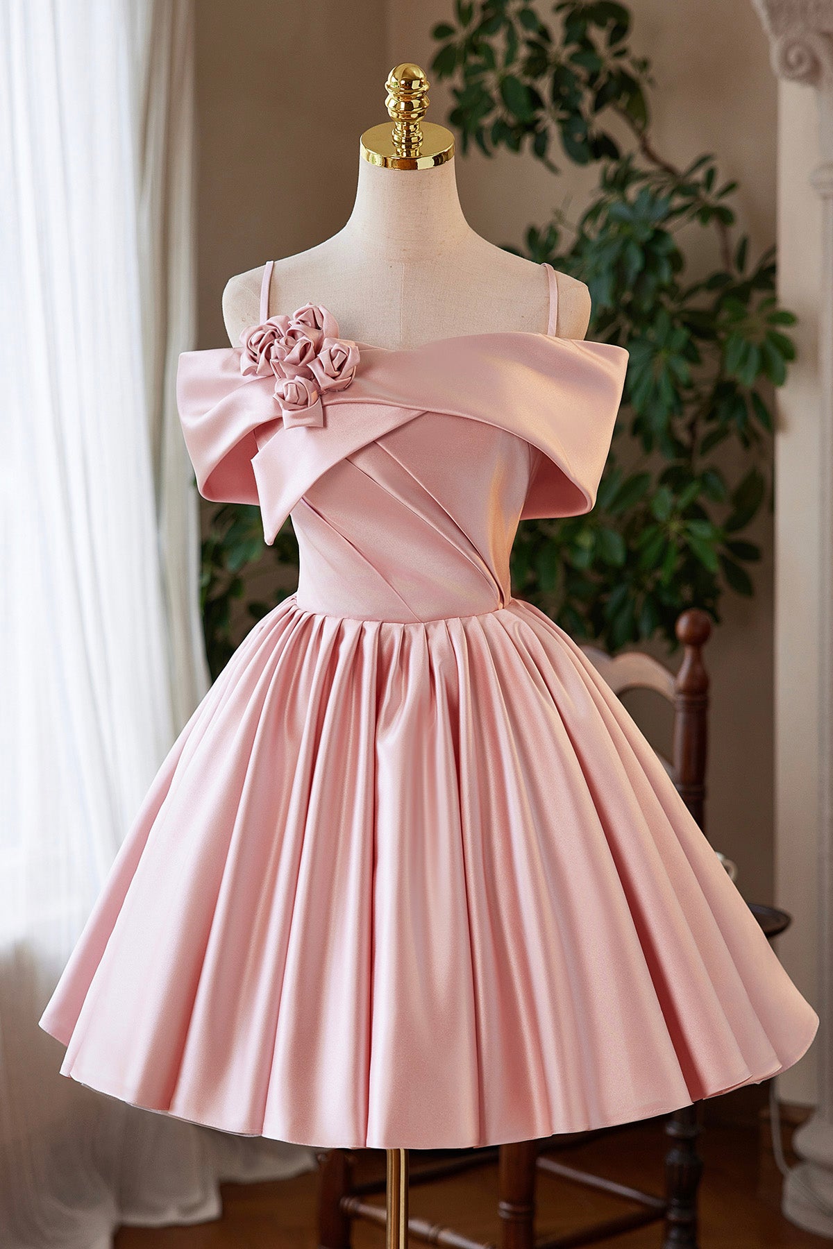 Pink Satin Short Prom Dress, Pink Off the Shoulder Homecoming Party Dress