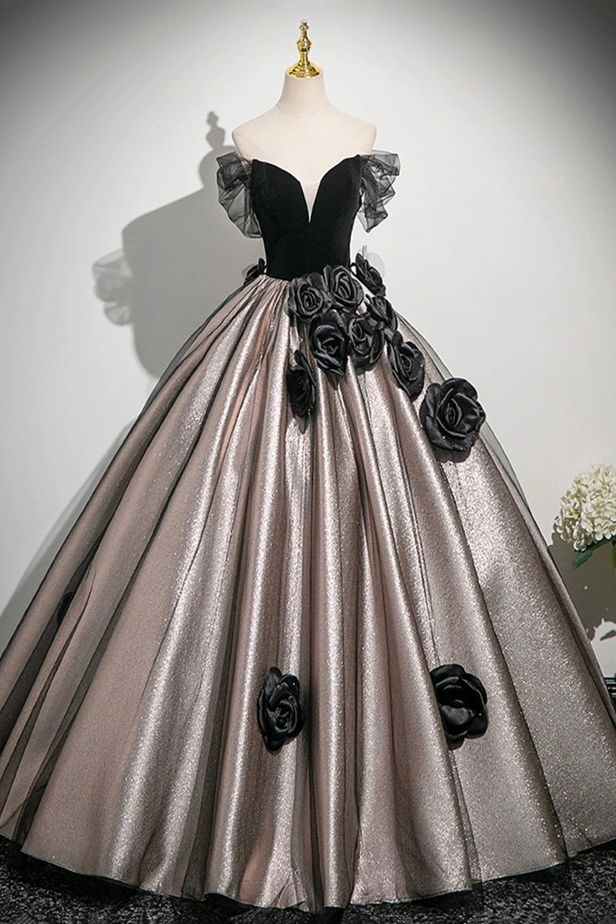 Long Black Velvet Black And Silver Prom Dress Aeris Black Velvet And Silver Sequin Plunge-Neck