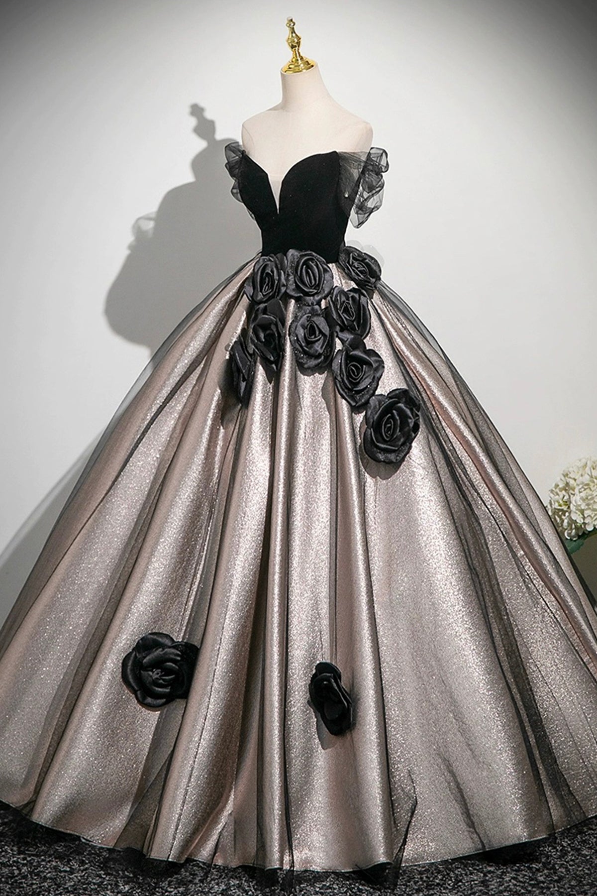 Black Velvet and Tulle Long Prom Dress, Black A-Line Party Dress