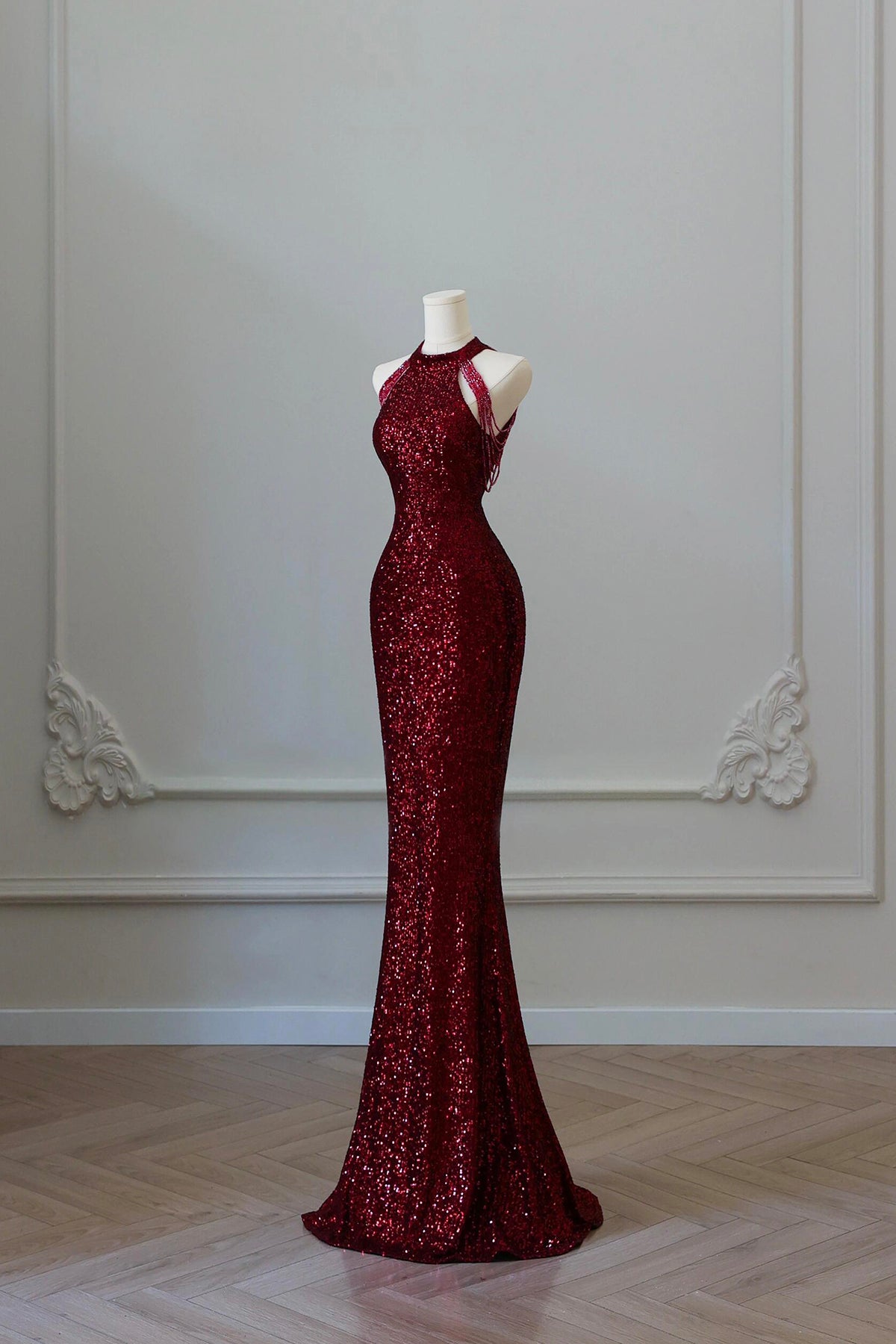 Burgundy Sequins Long Prom Dress, Mermaid Evening Party Dress