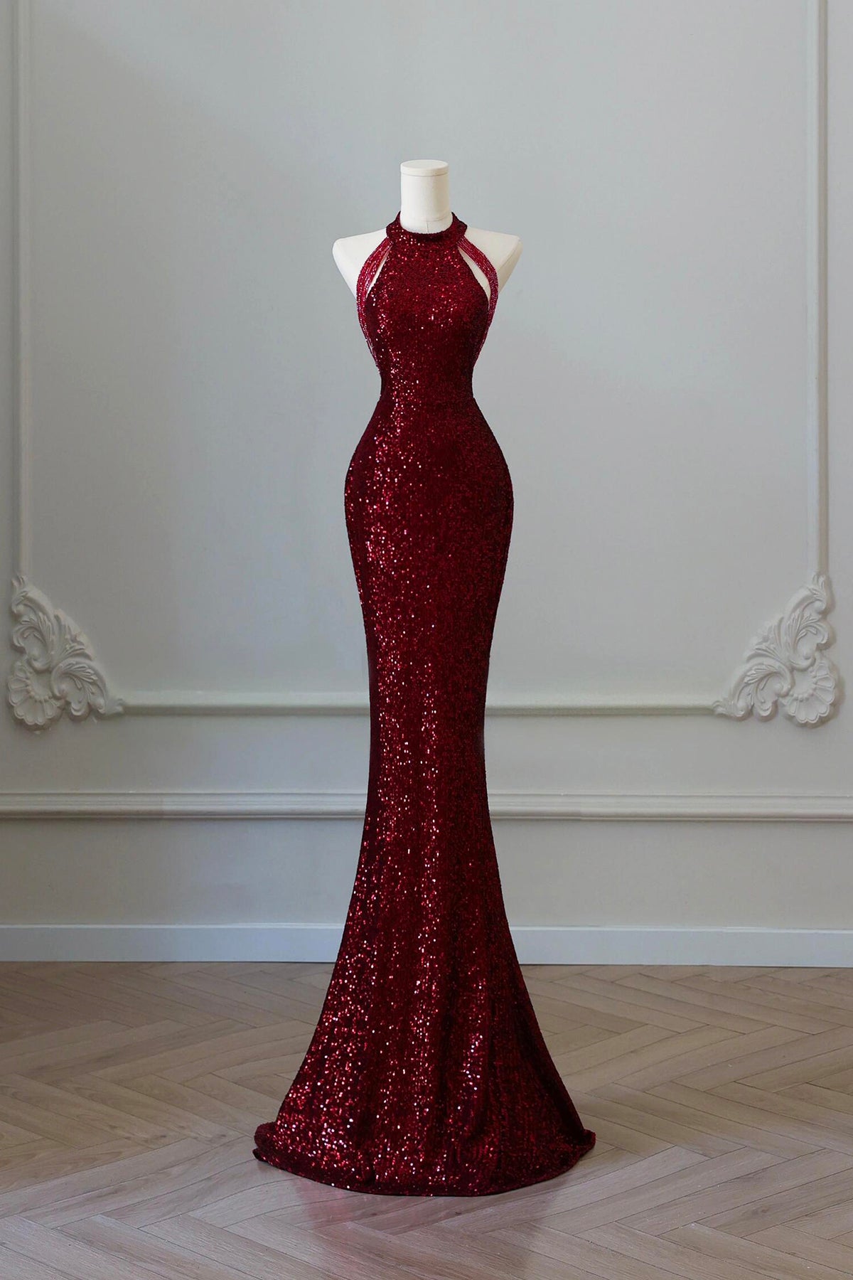 Burgundy Sequins Long Prom Dress, Mermaid Evening Party Dress