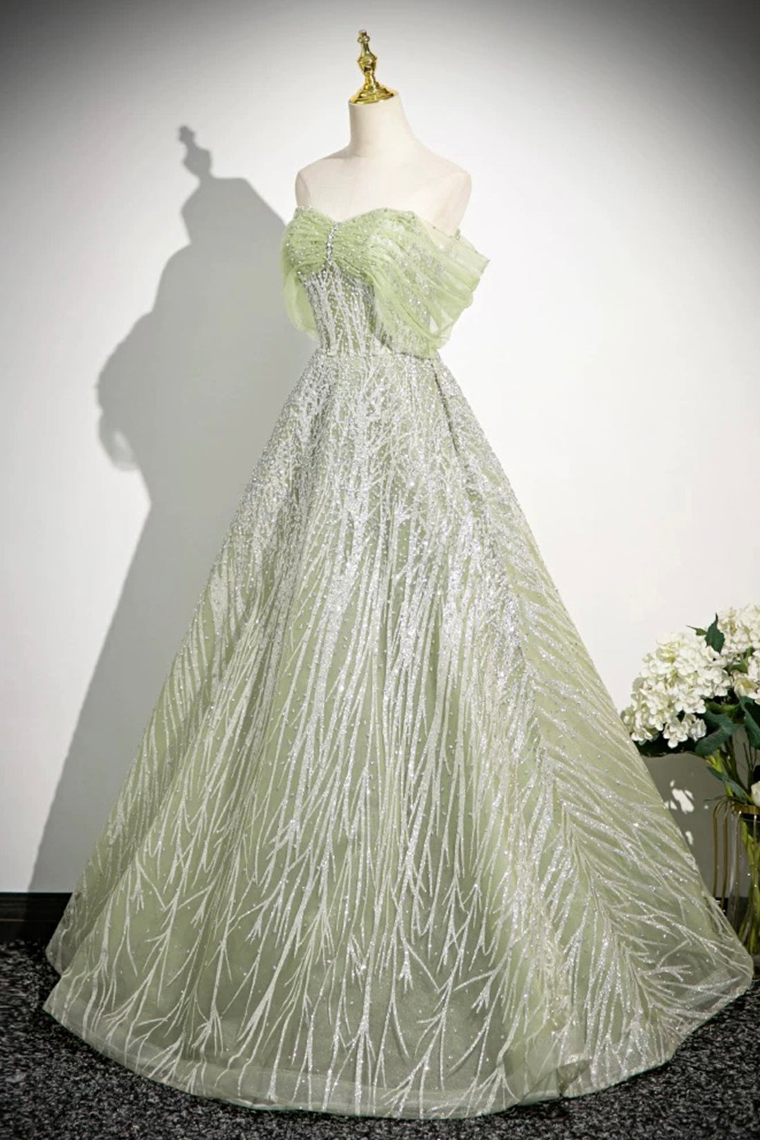 Green Tulle Sequins Long Prom Dress, Beautiful Off the Shoulder Party Dress