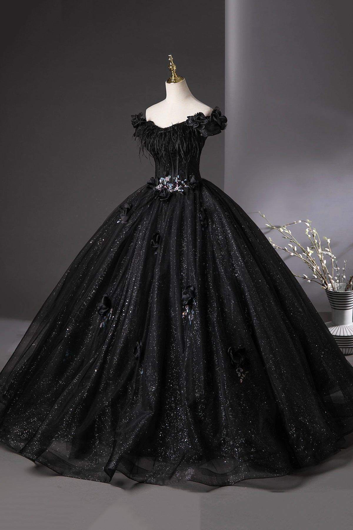 Black Tulle Long Prom Dress, Black Off the Shoulder A-Line Party Dress