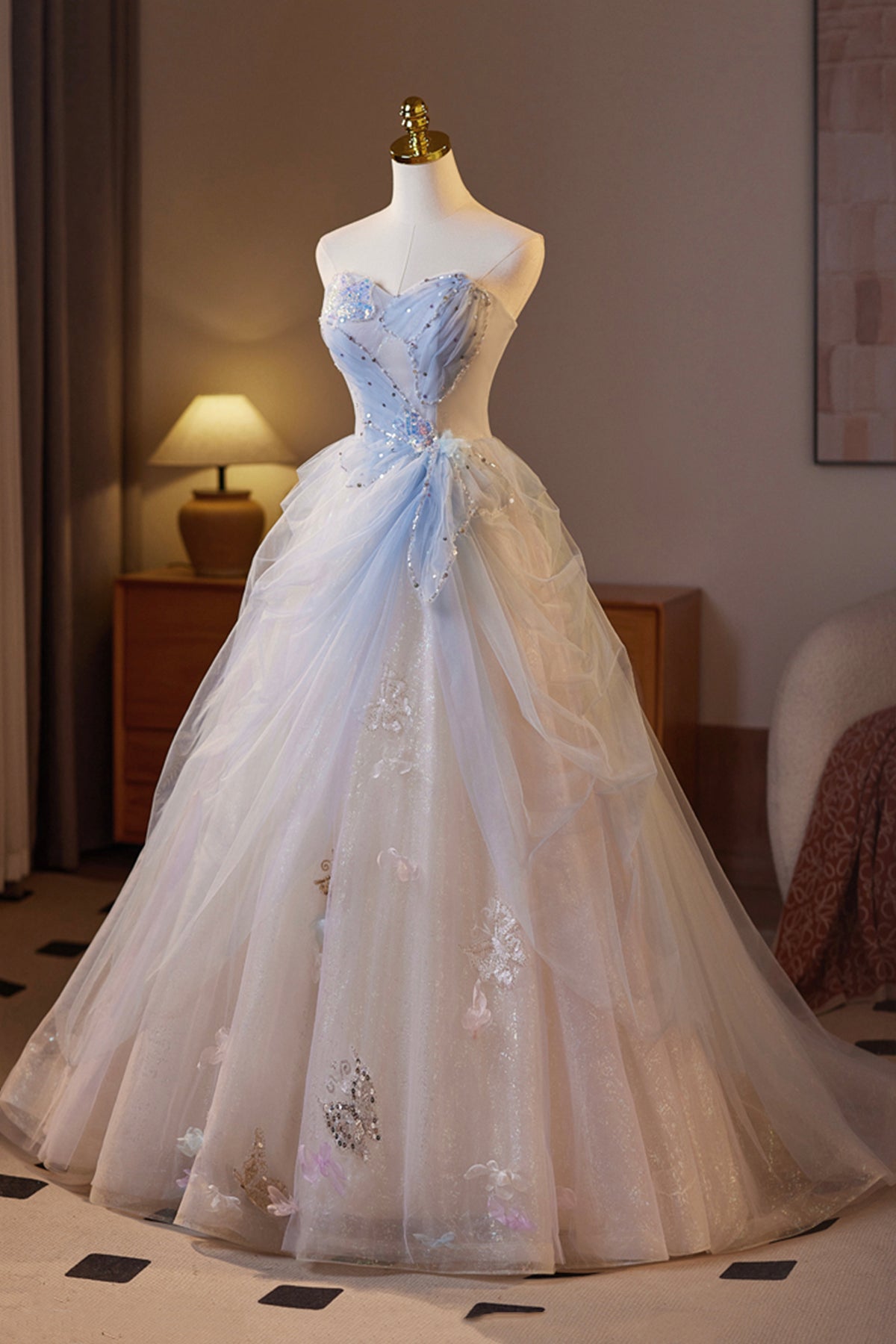 Beautiful Sparkling Tulle Long Prom Dress, A-Line Strapless Evening Party Dress