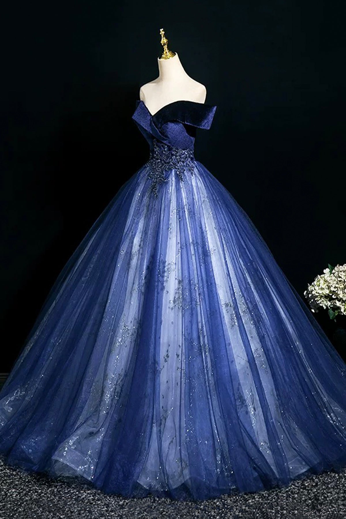 Blue Velvet and Tulle Long A-Line Prom Dress, Elegant Off the Shoulder Party Dress