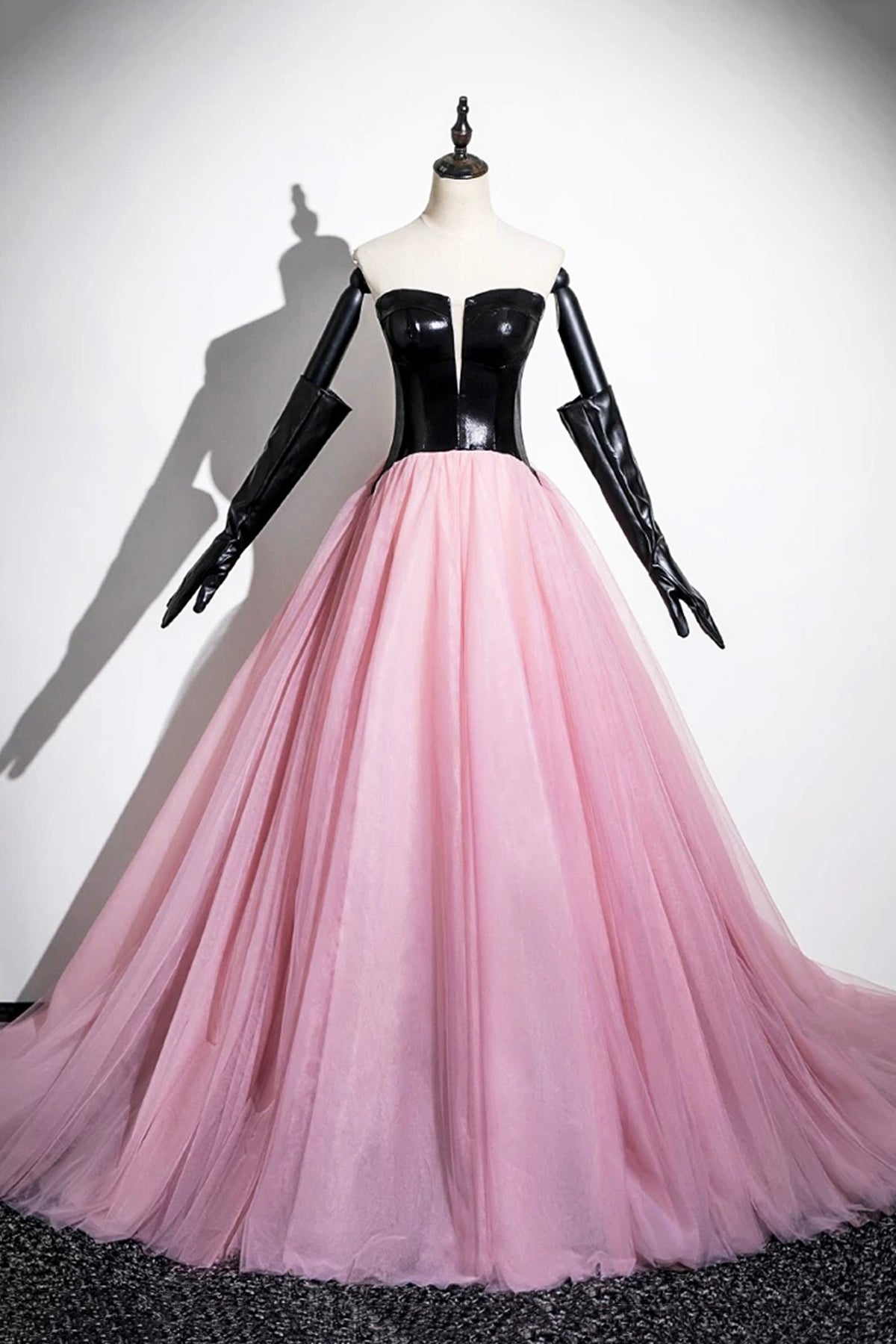 Black and Pink Tulle Long Prom Dress, A-Line Strapless Evening Dress with Corset