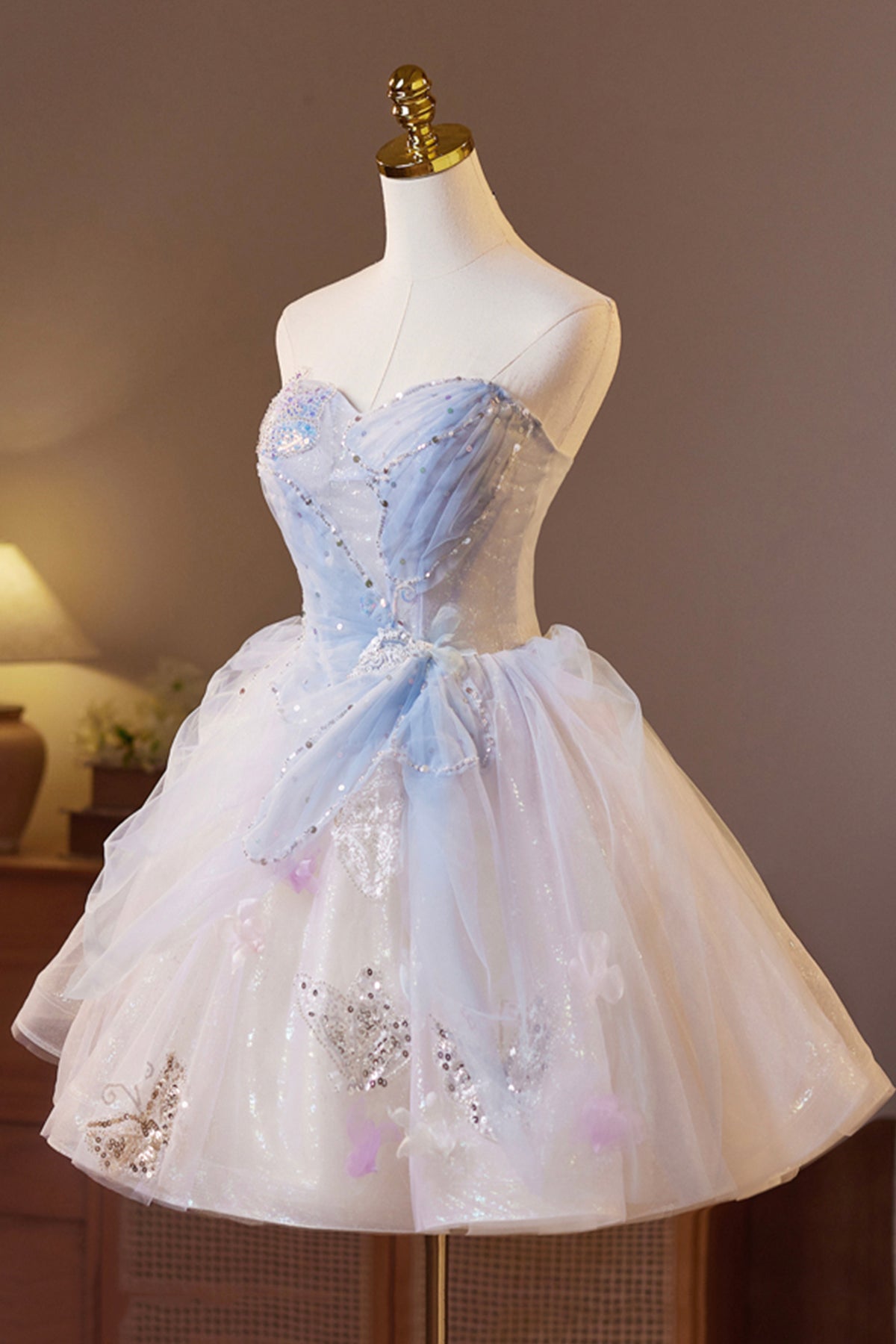 Beautiful Sparkling Tulle Short Prom Dress, A-Line Strapless Evening Party Dress
