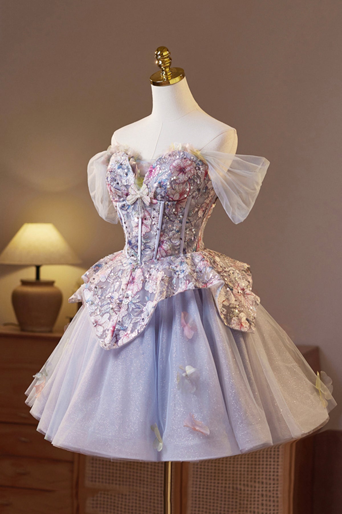 open lace back dress PM510, Lilac Floral Homecoming Dresses, Applique Short Prom Dress, Sch –  prommirror main image 1