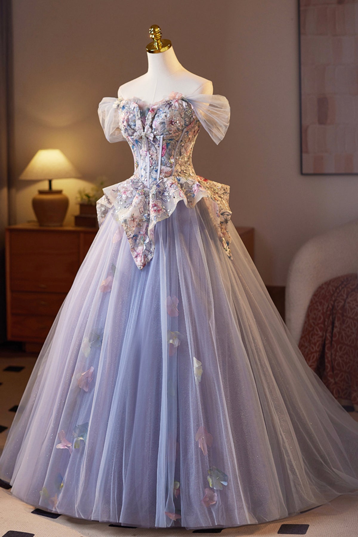 Lilac Tulle Floral Floor Length Prom Dress, Lovely A-Line Evening Party Dress