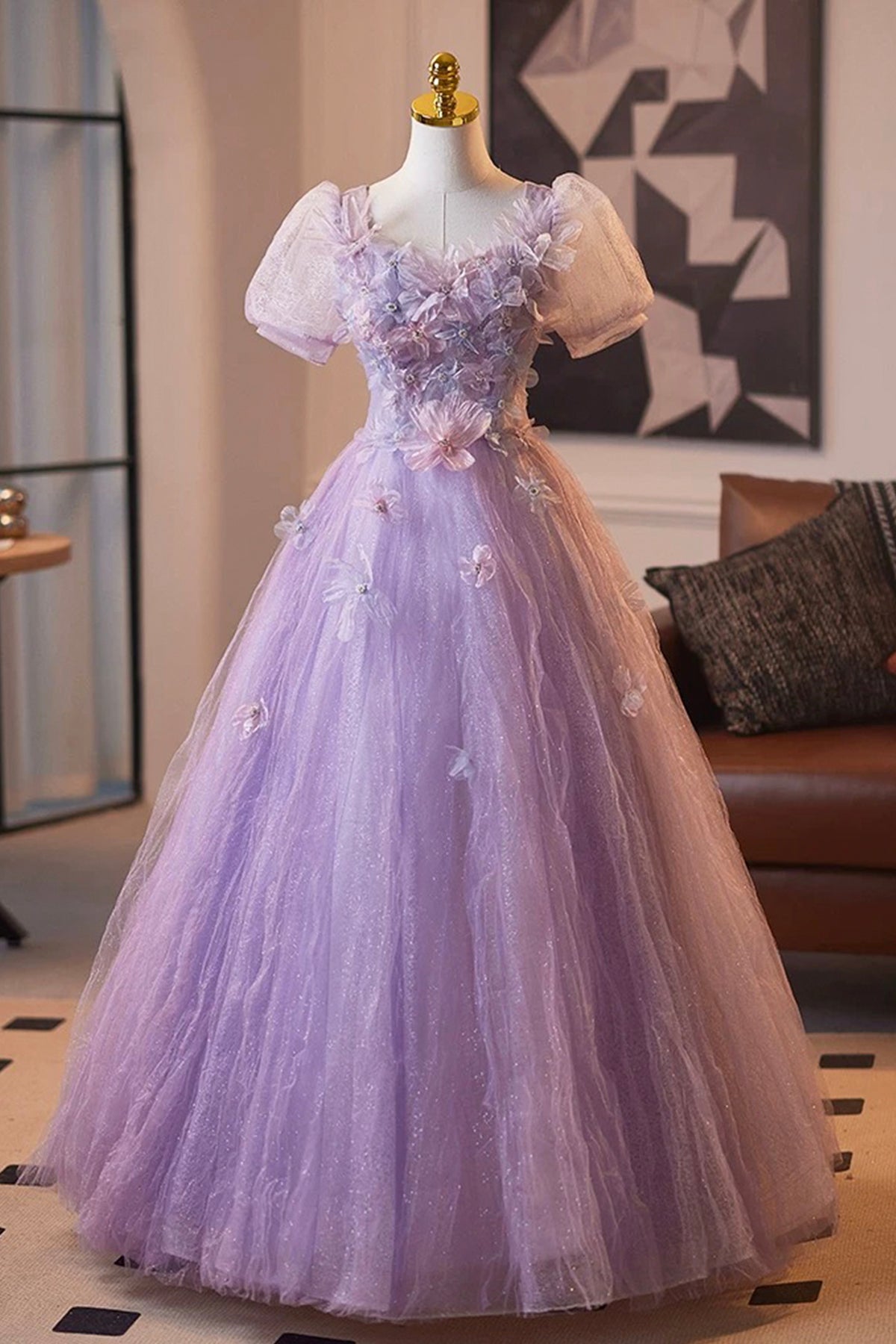 Light Purple Tulle Flower Long Prom Party Dress, Lovely A-Line Short Sleeve Party Dress