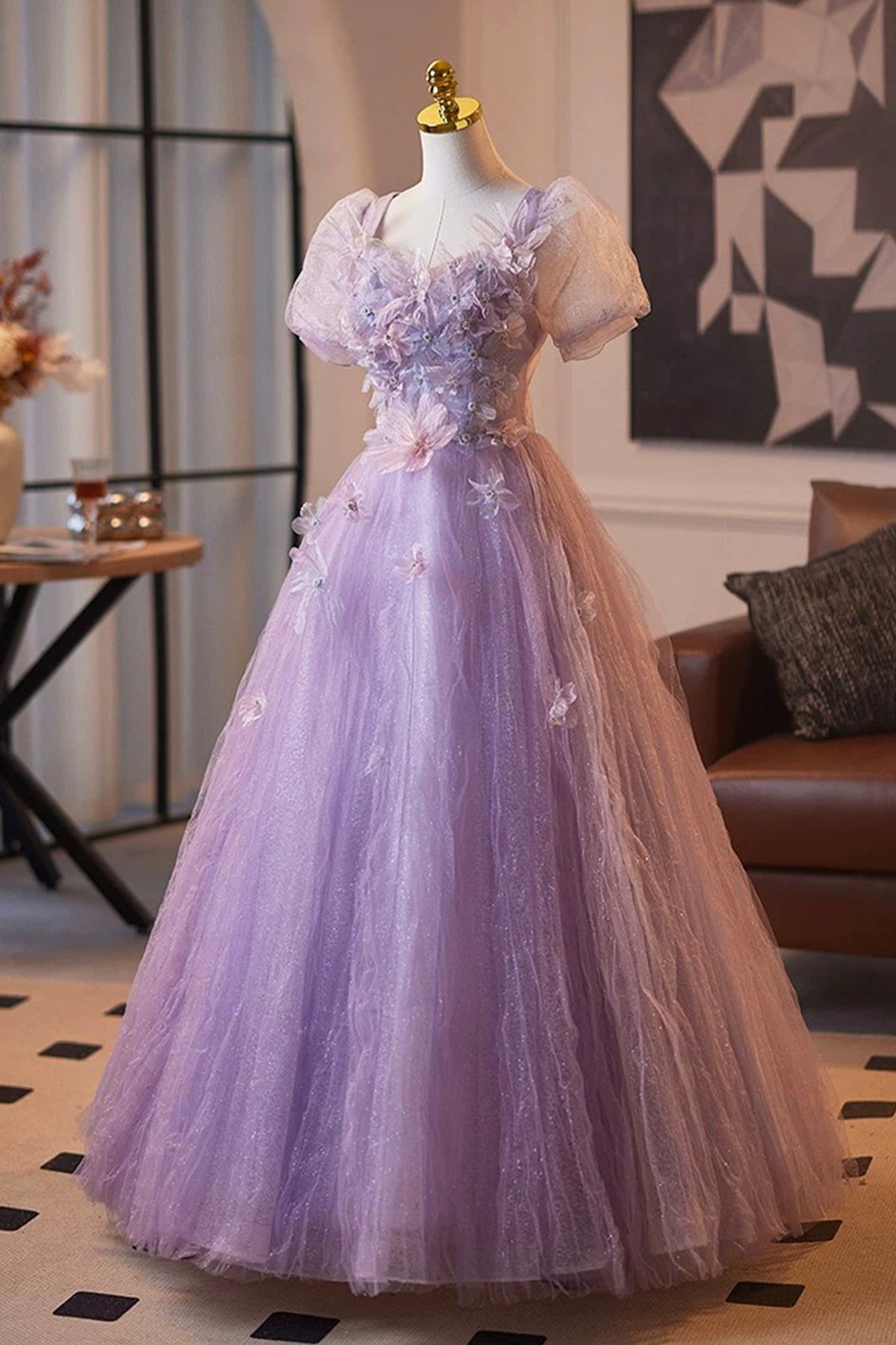 Light Purple Tulle Flower Long Prom Party Dress, Lovely A-Line Short S Light Purple Tulle Flower Long Prom Party Dress, Lovely A-Line Short S