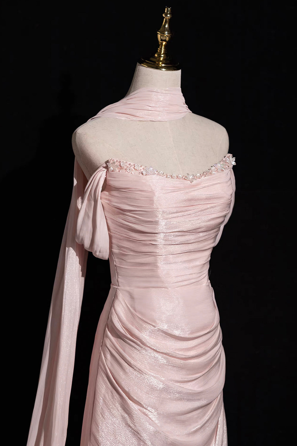 Pink Shimmer Off-Shoulder Evening Gown with Cape