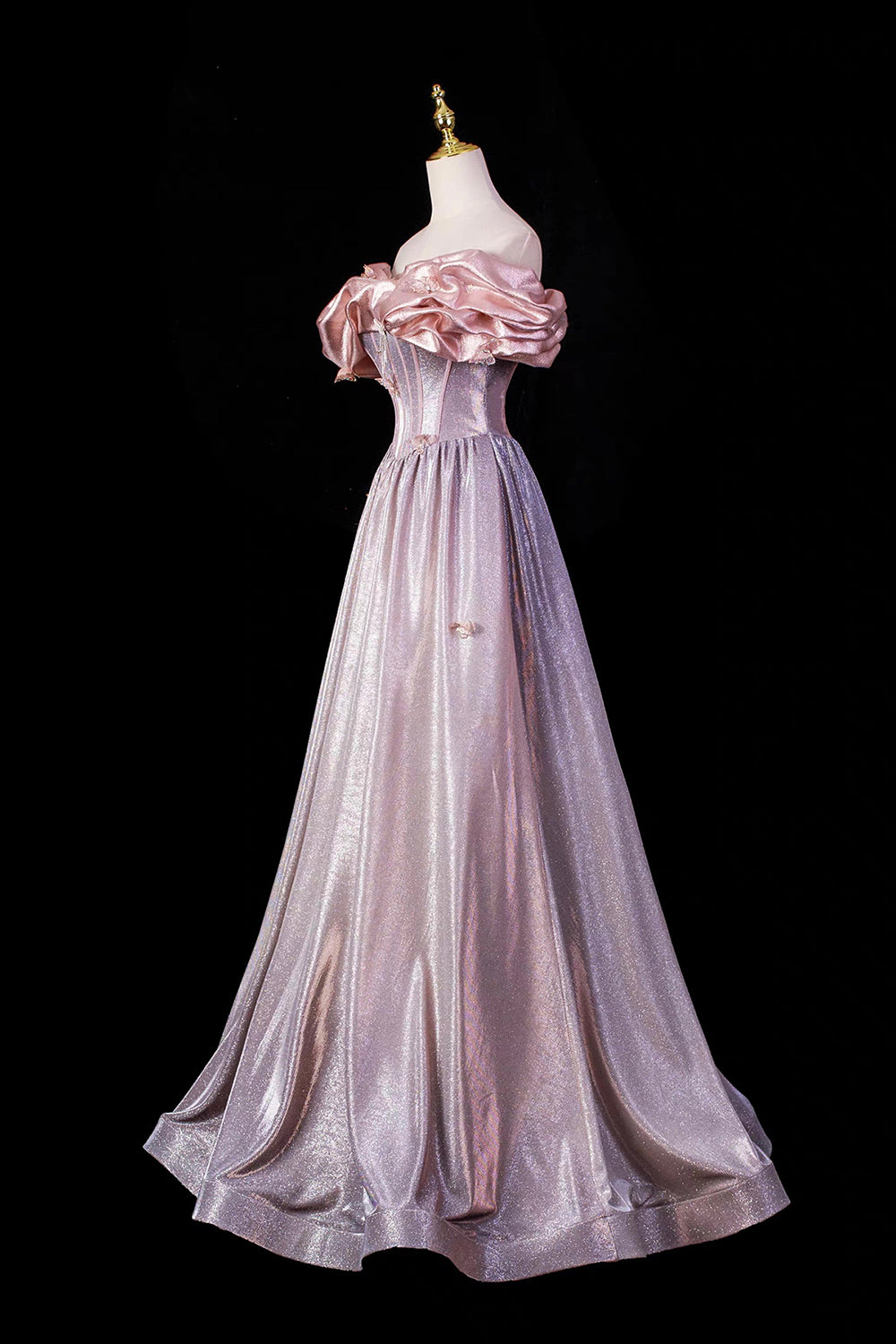 Pink-Lavender Shimmer Off-the-Shoulder Ball Gown with Ruffled Neckline