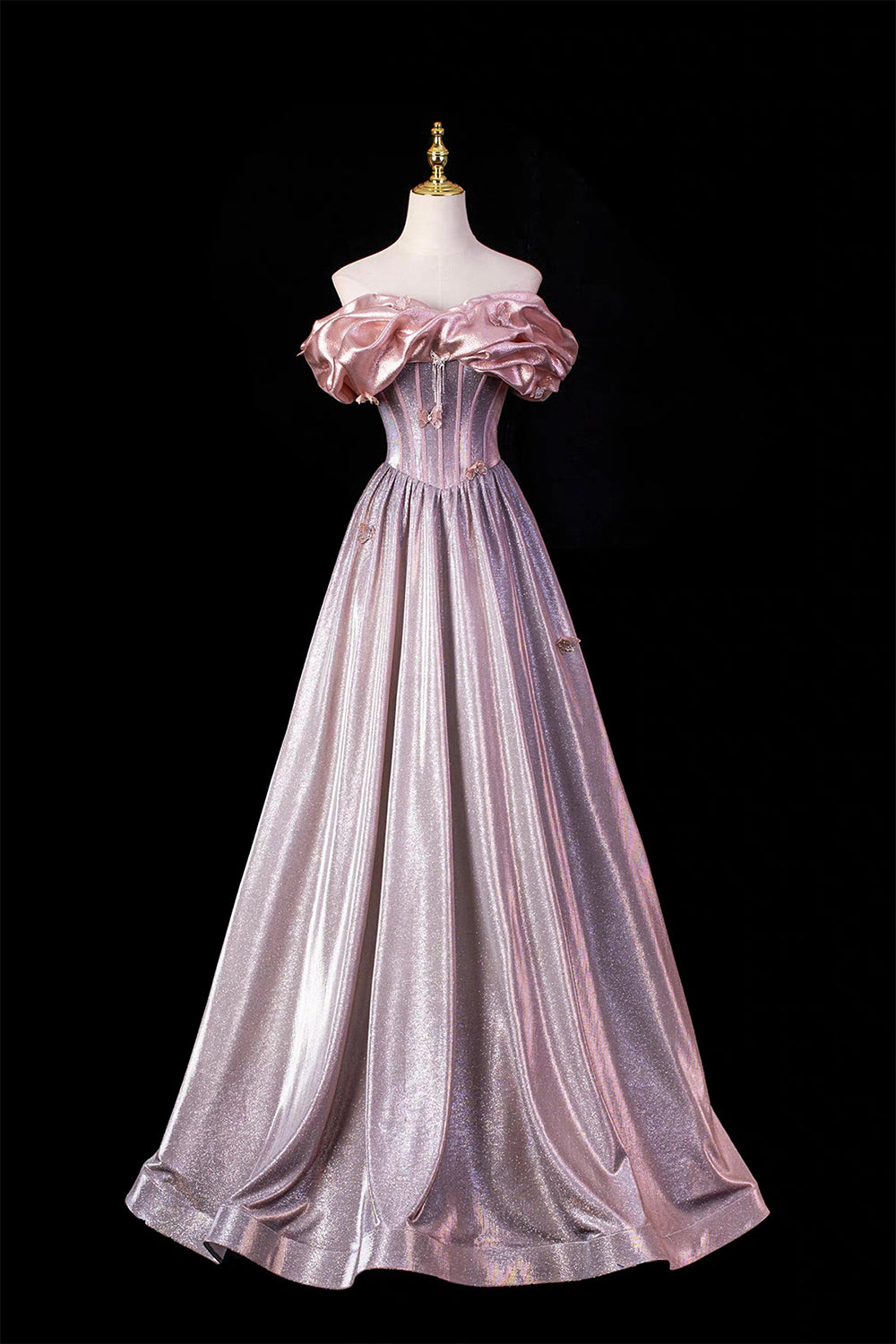Pink-Lavender Shimmer Off-the-Shoulder Ball Gown with Ruffled Neckline
