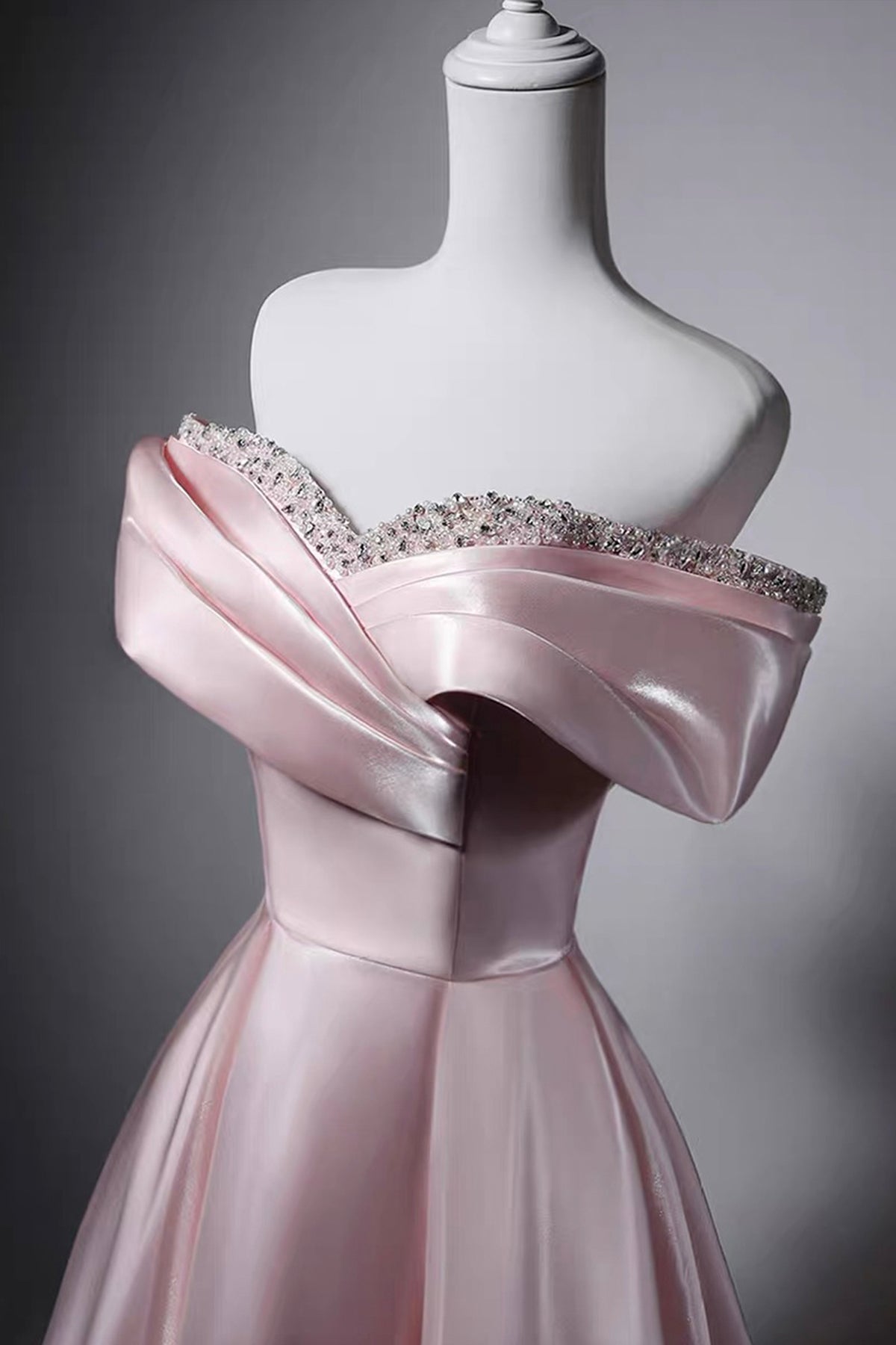Pink Satin Off-the-Shoulder Evening Gown with Crystal Embroidery