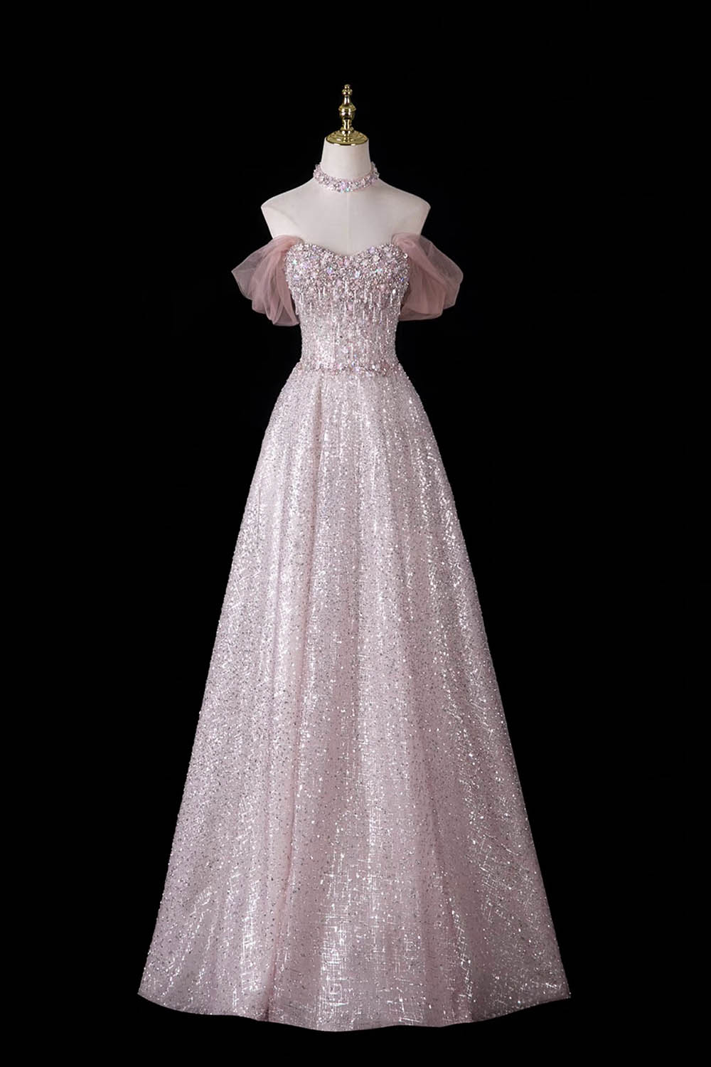 Pink Sequin Off-Shoulder Ball Gown – Beaded Floral Bodice with Detachable Tulle Sleeves, Custom Fit