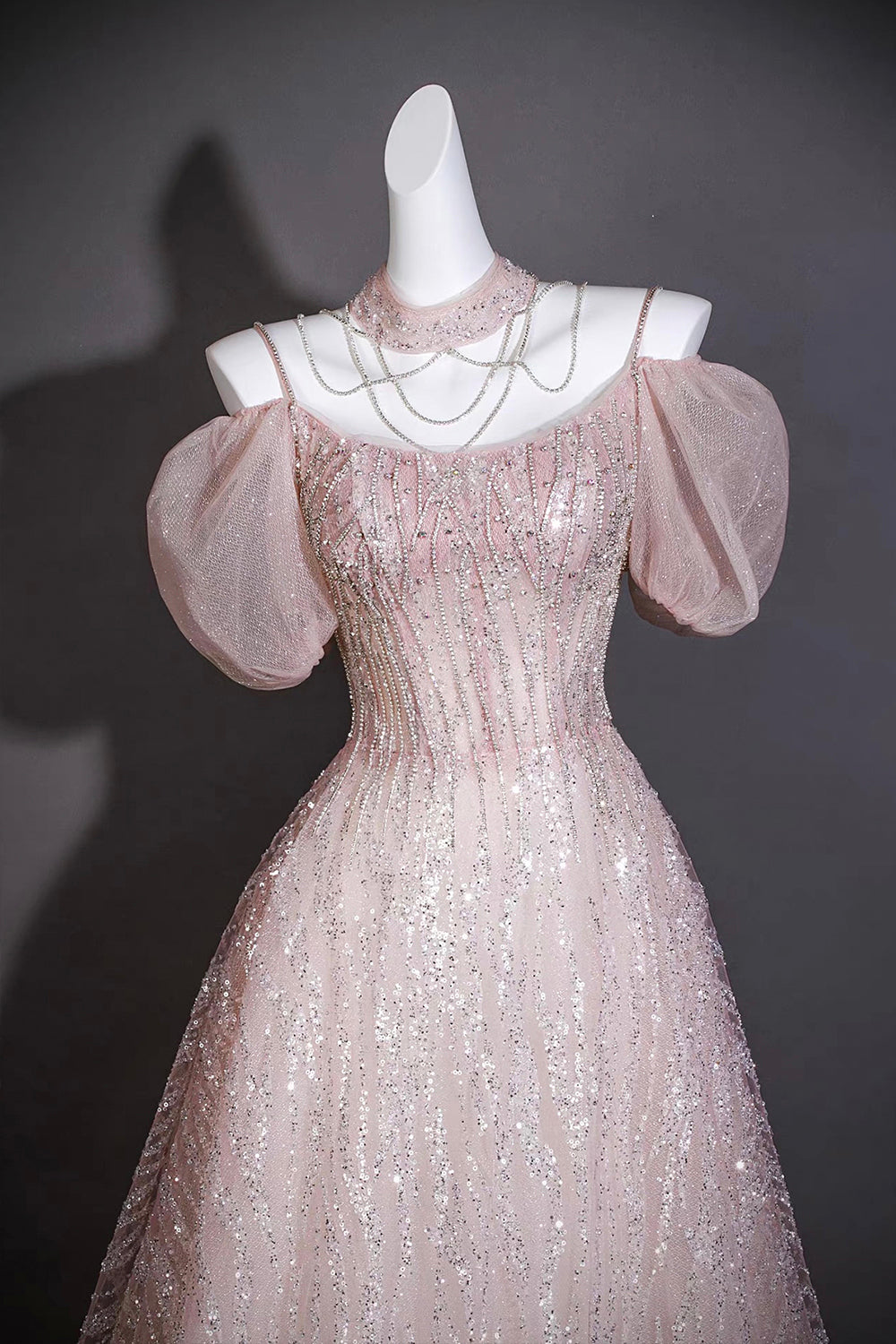 Pink Sequin Puff Sleeve Gown with Beaded Bodice – Elegant Ball Gown for Prom