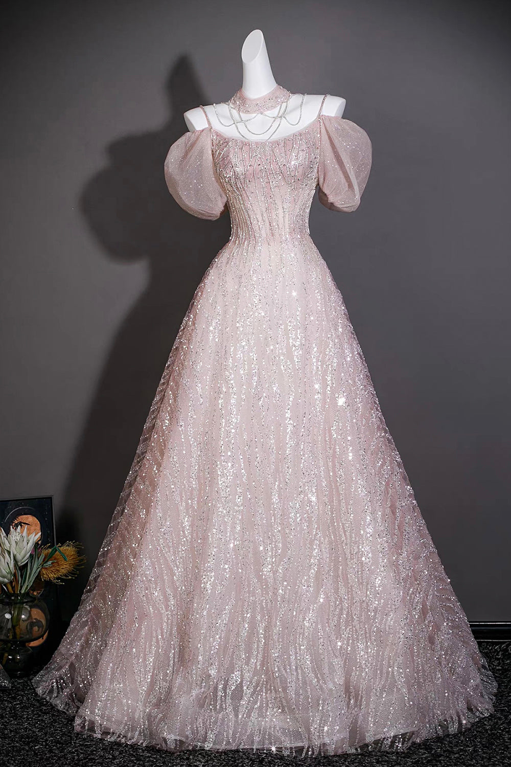 Pink Sequin Puff Sleeve Gown with Beaded Bodice – Elegant Ball Gown for Prom