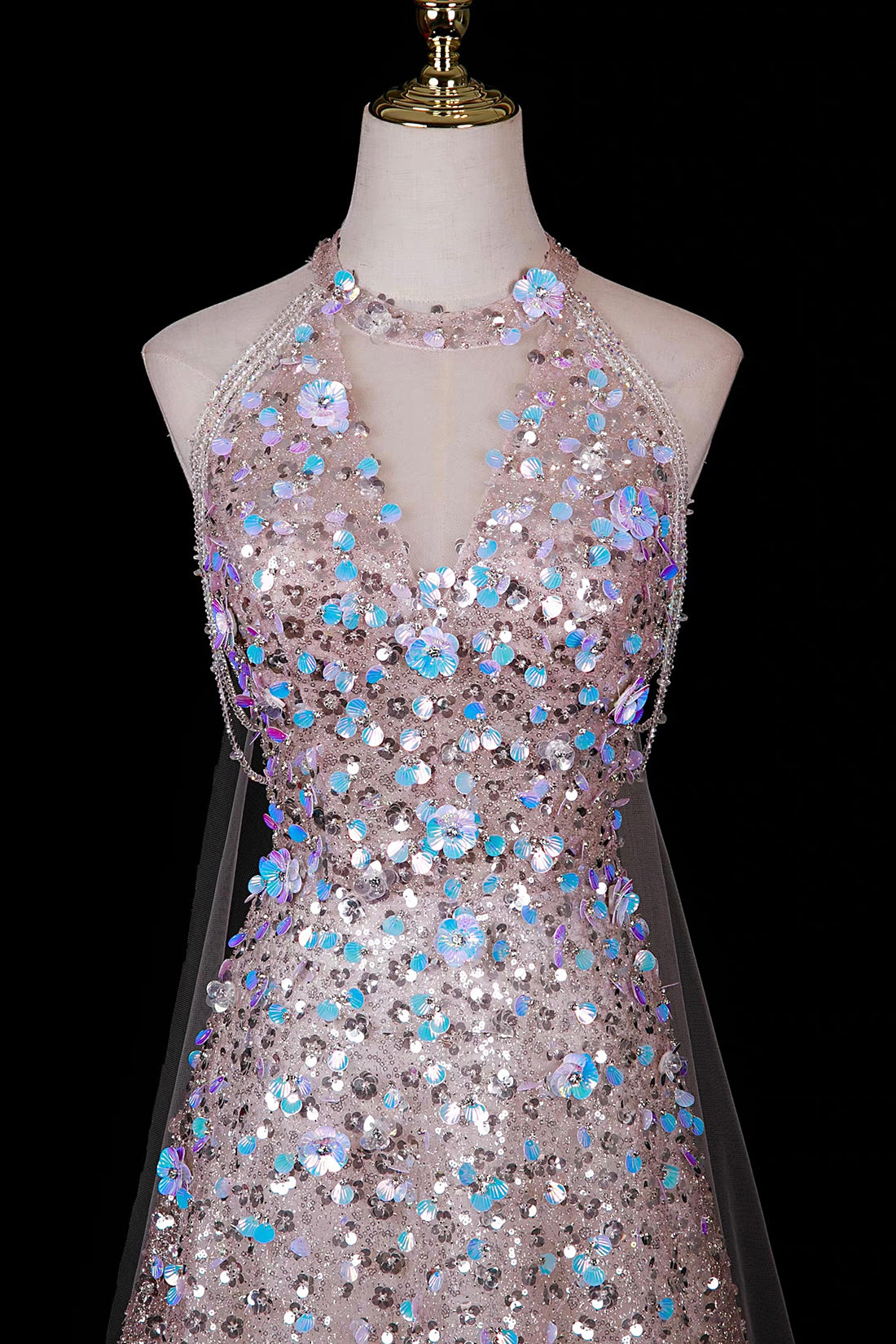 Pink Halter Neck Sequin Gown with 3D Floral Embellishments