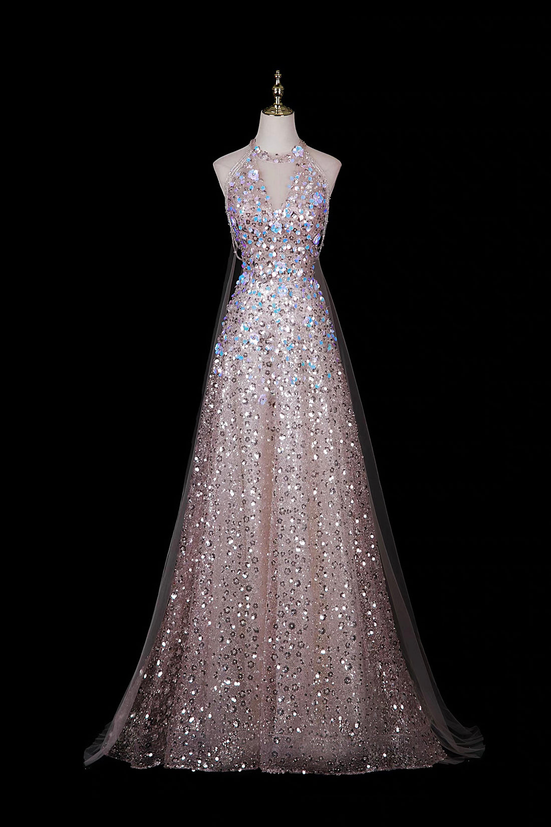 Pink Halter Neck Sequin Gown with 3D Floral Embellishments