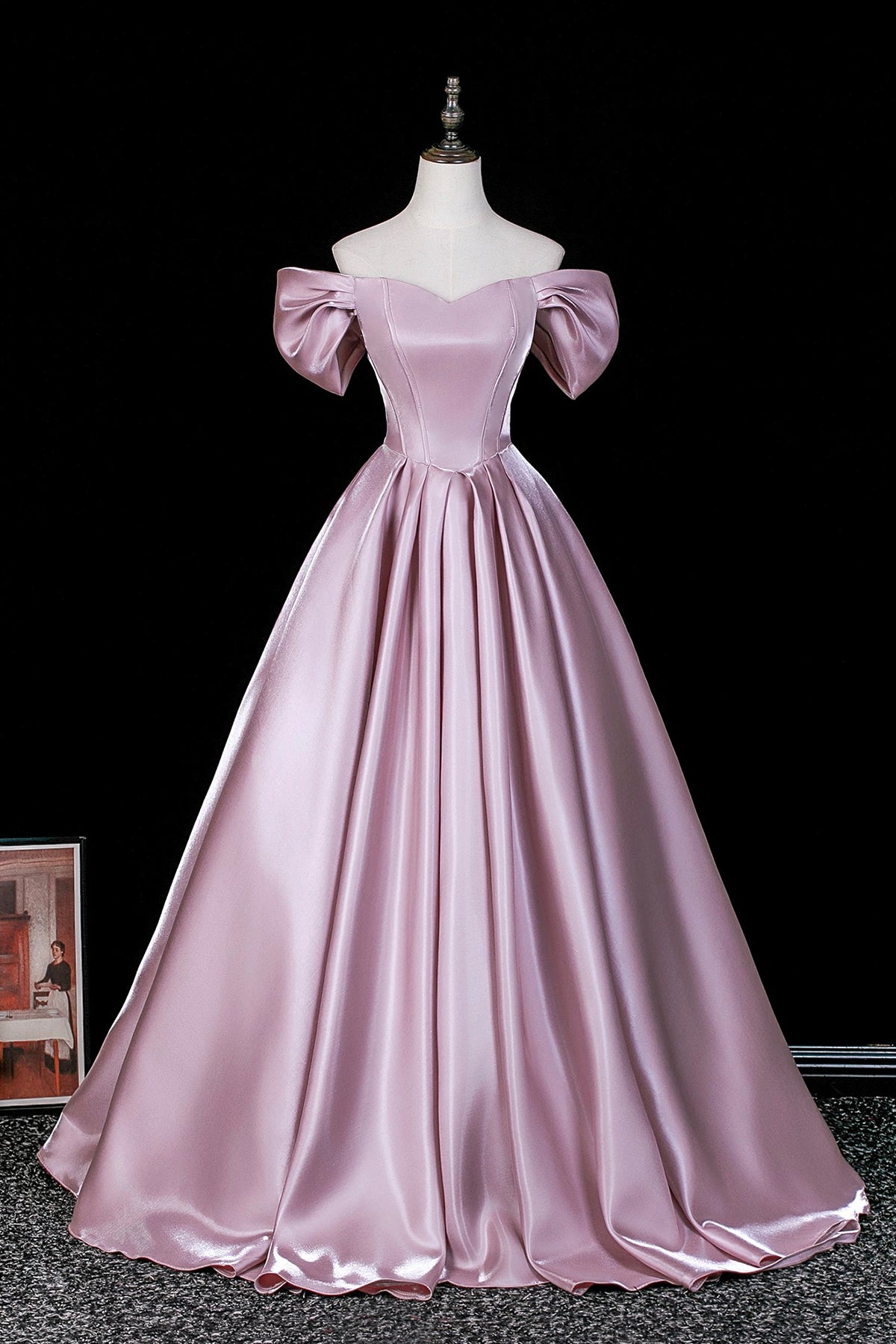 Elegant Off-Shoulder Satin Ball Gown with Bow Sleeves - Pink Formal Dress for Prom