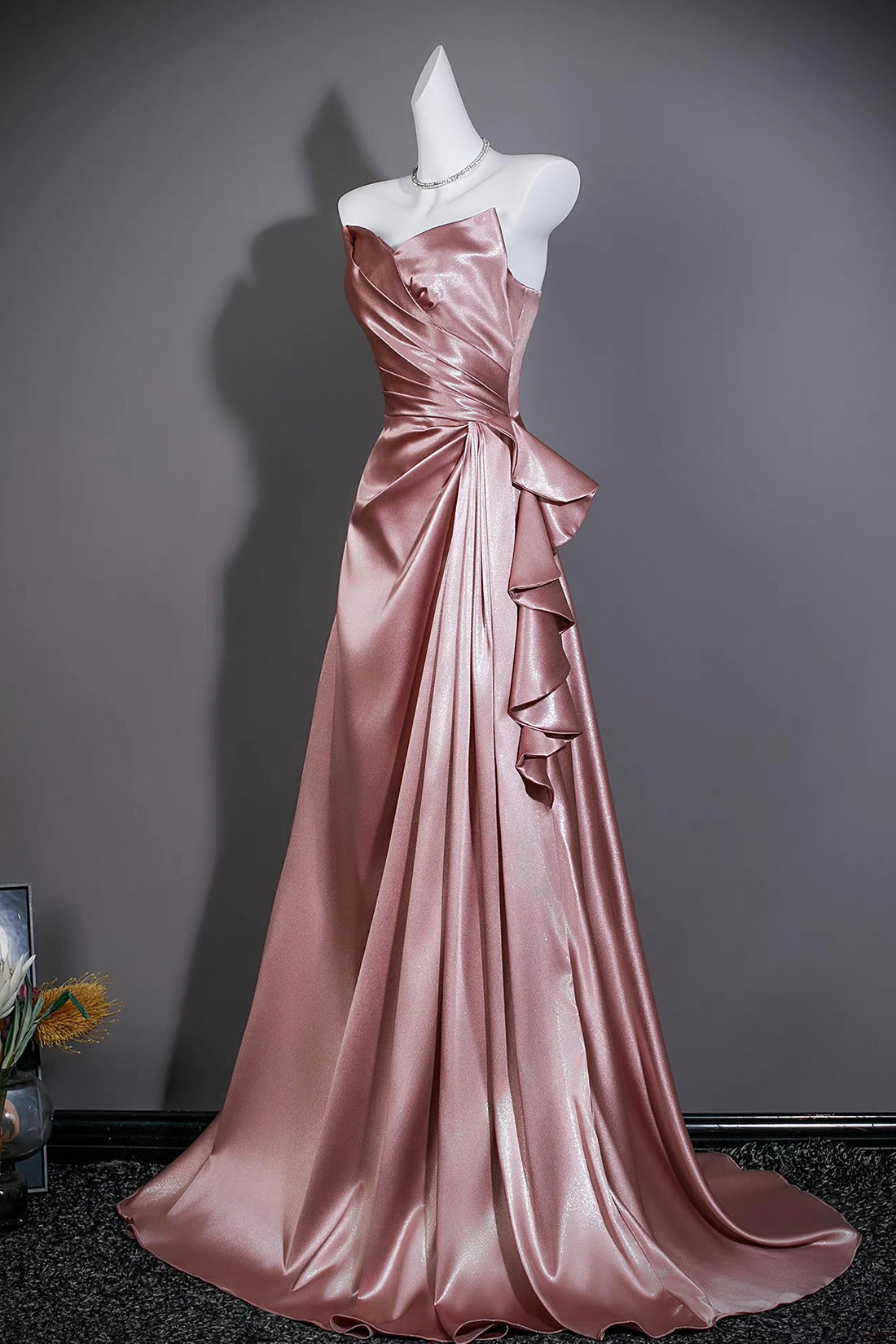 Dusty Pink Satin Strapless Gown with Asymmetric Ruffles
