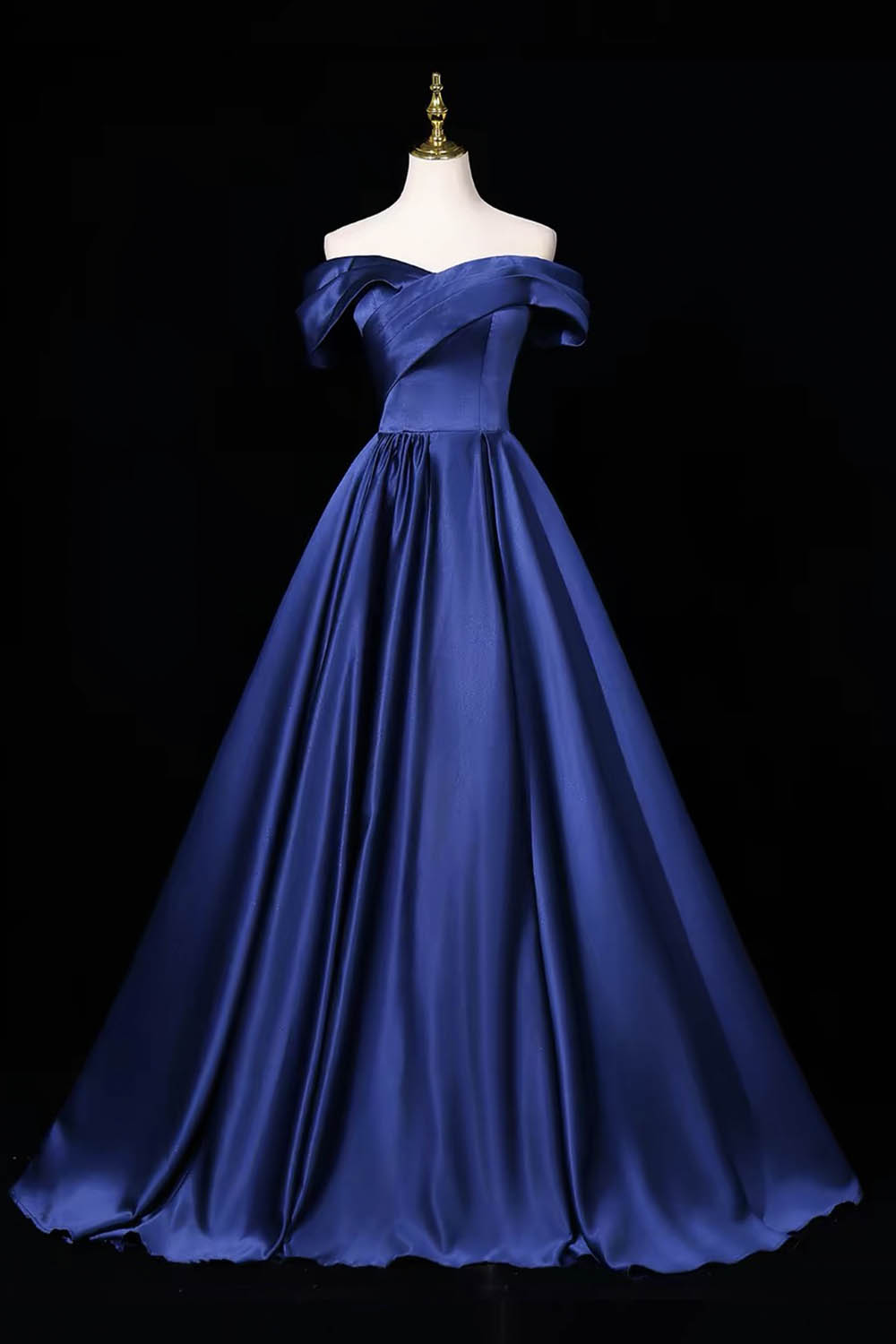 Navy Blue Satin Off-Shoulder Ball Gown – Elegant Cross-Drape Evening Dress with Corset Back, Custom Fit