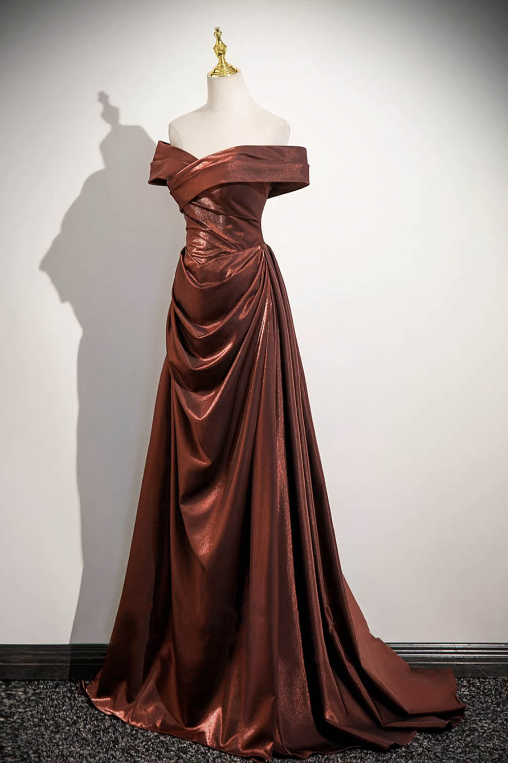 Metallic Burgundy Off-Shoulder Evening Gown with Ruched Skirt