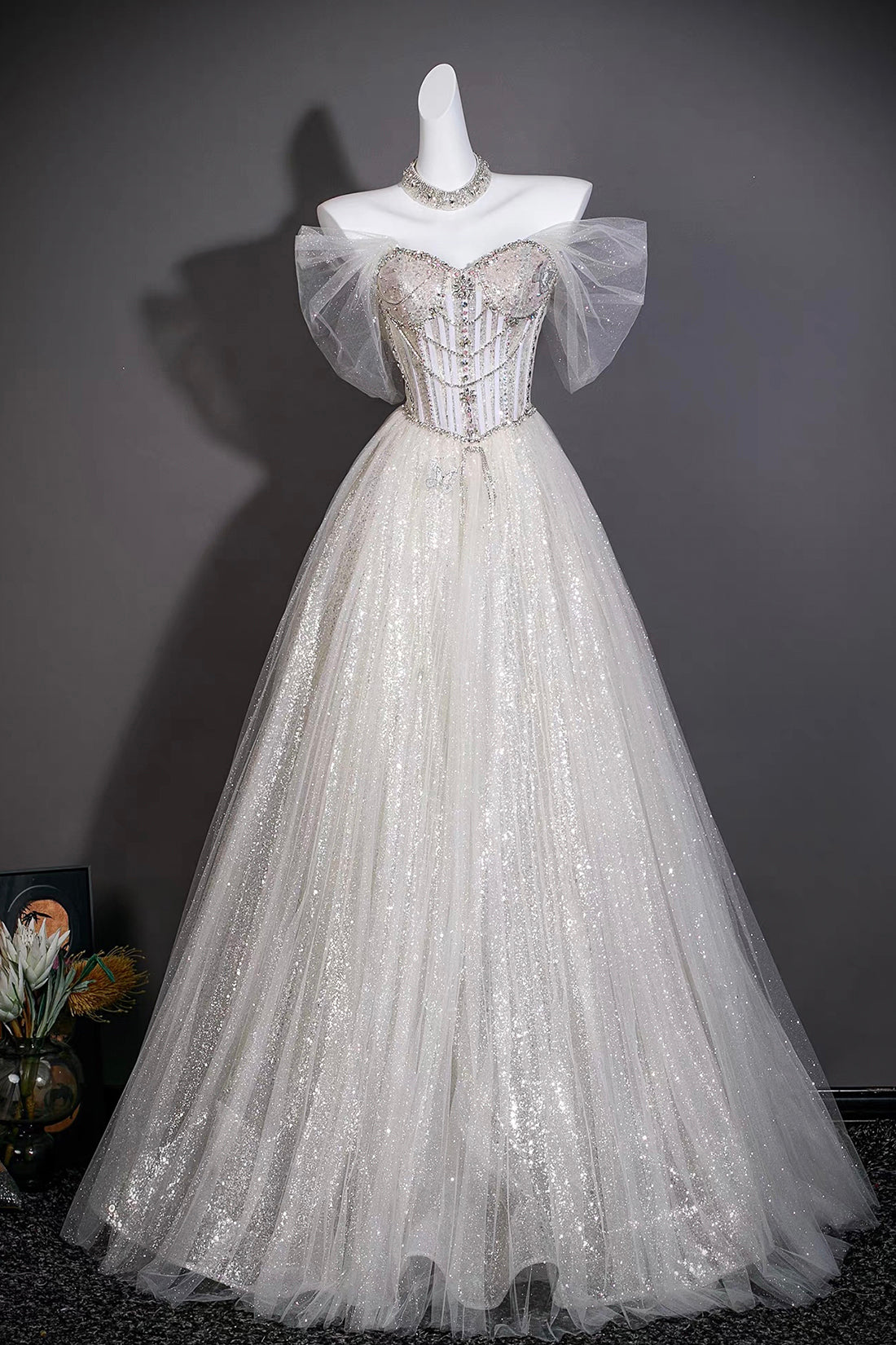 Silver Beaded Off-Shoulder Ball Gown with Corset Bodice