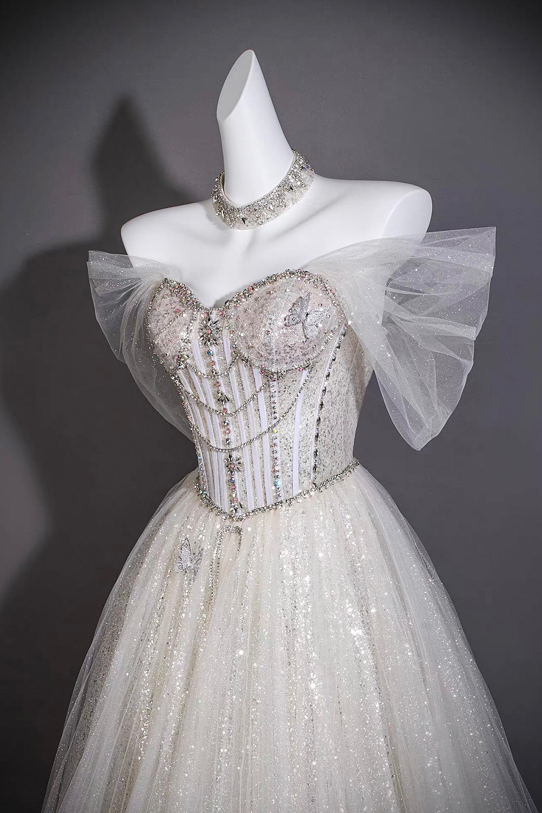 Silver Beaded Off-Shoulder Ball Gown with Corset Bodice