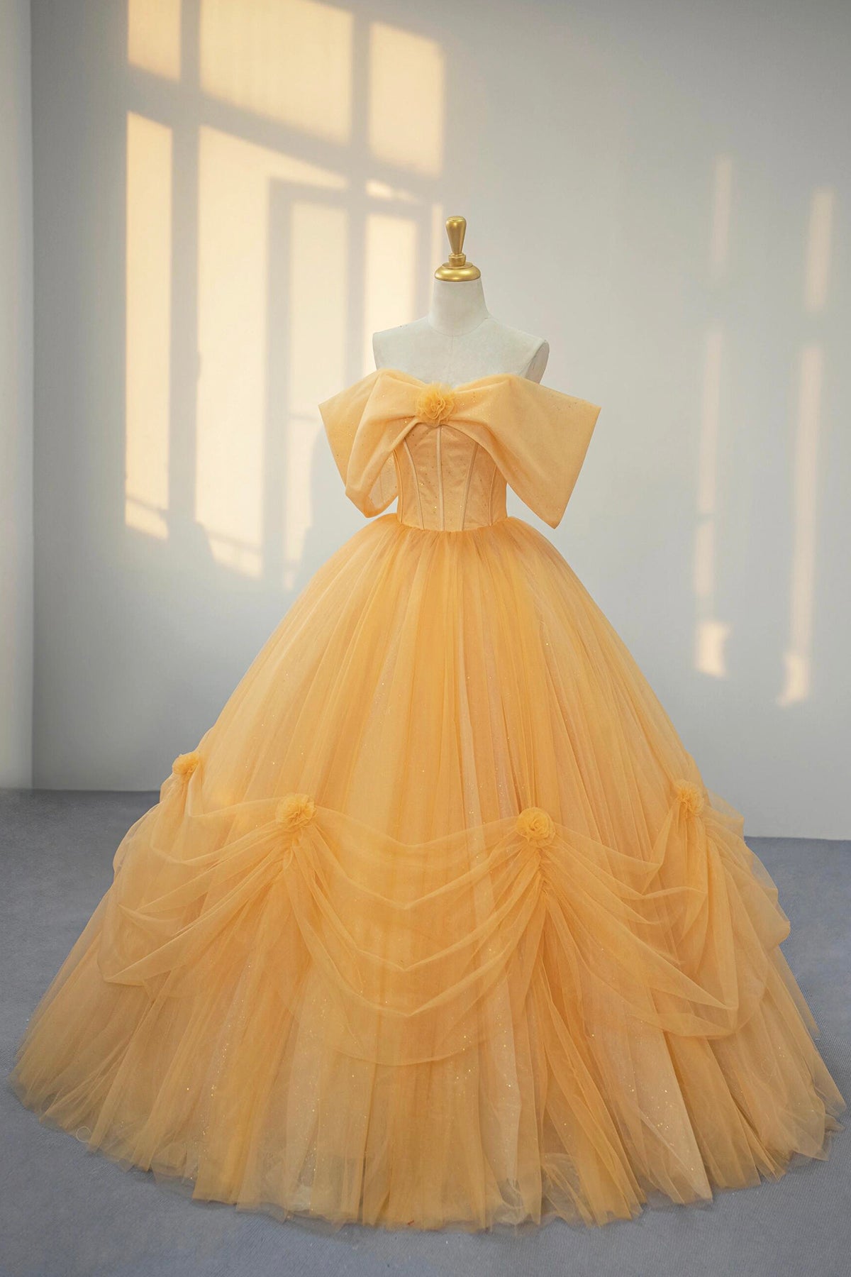 Yellow Tulle Long Prom Dress, Beautiful Off the Shoulder Party Dress