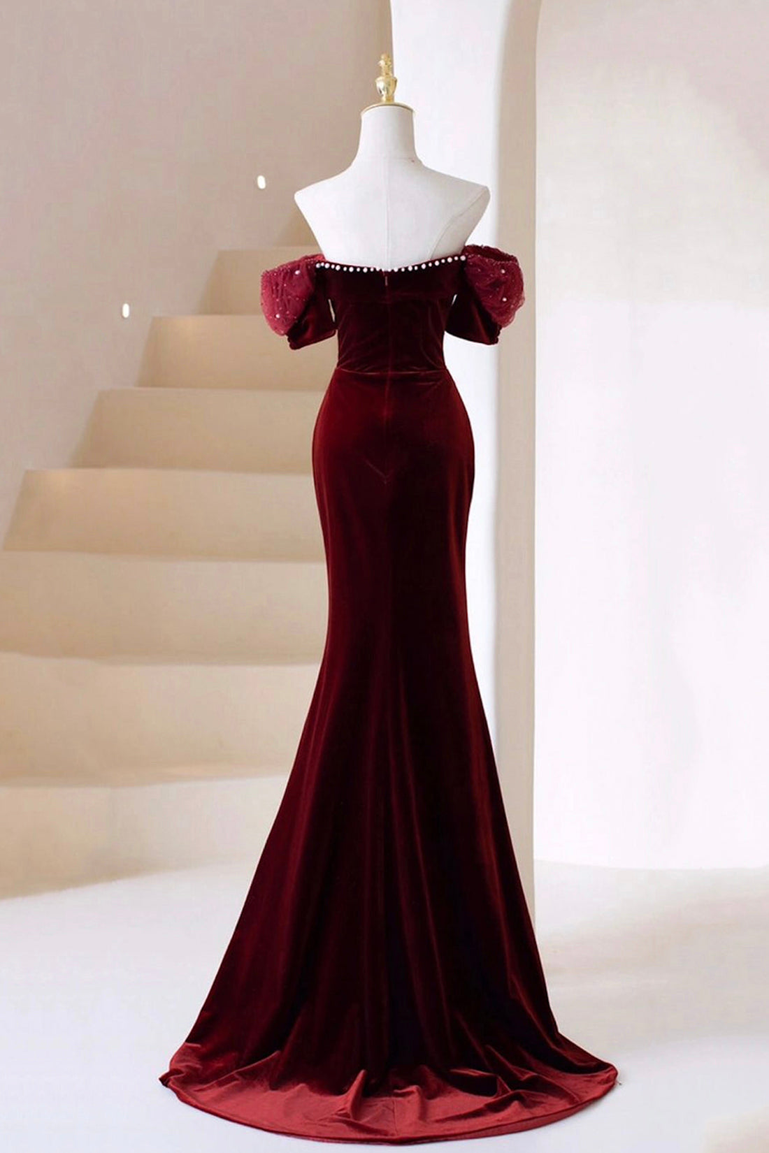 Burgundy Velvet Long Prom Dress, Burgundy Off Shoulder Pearl Evening Dress