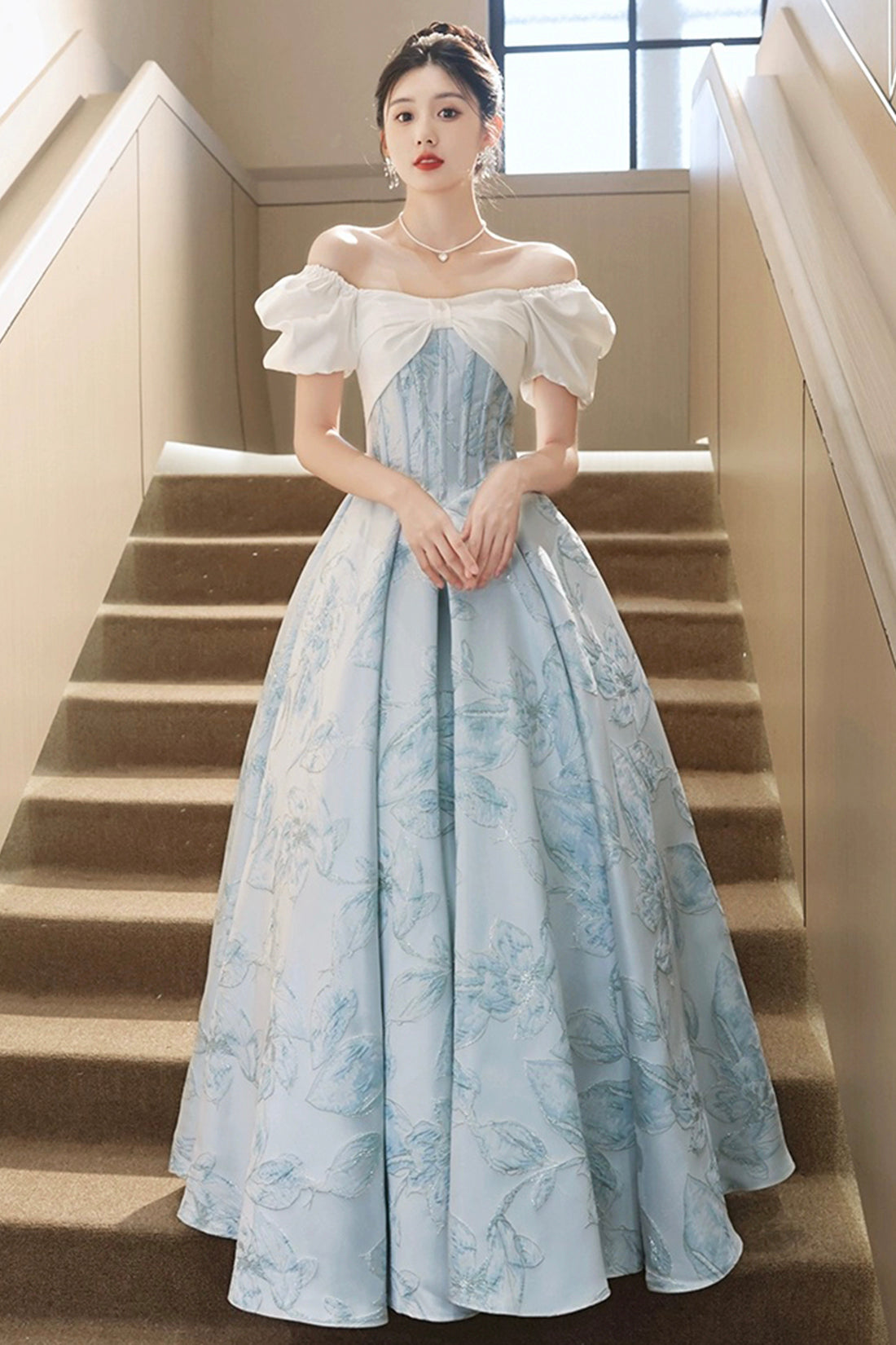 White and Blue Printed Floor Length Prom Dress, Lovely Short Sleeve Formal Evening Dress