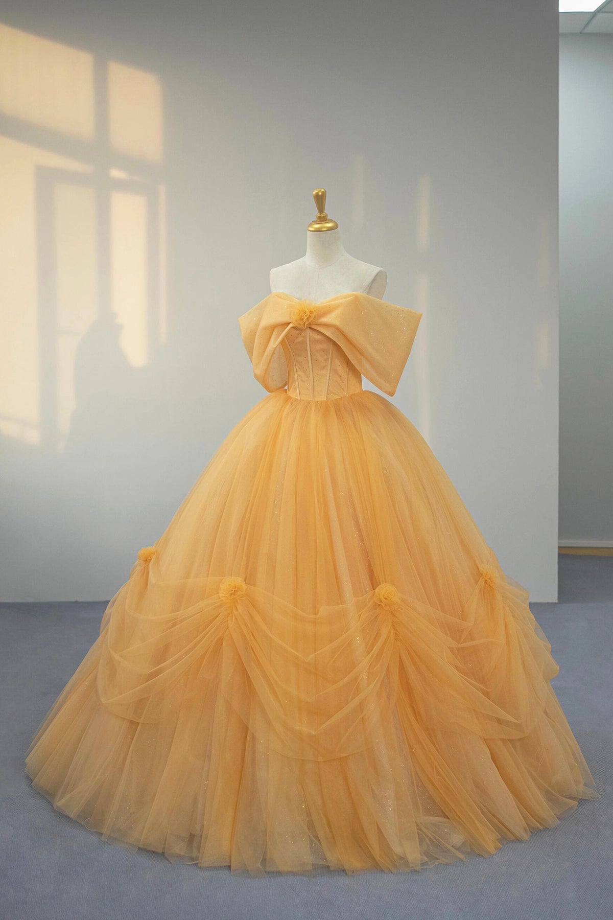 Yellow Tulle Long Prom Dress, Beautiful Off the Shoulder Party Dress