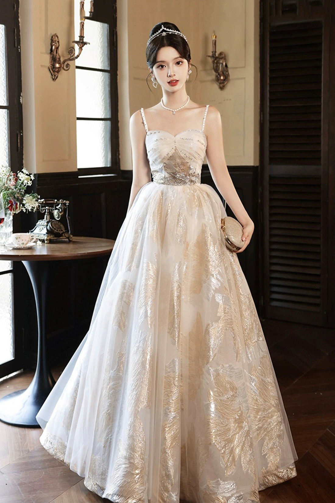 Champagne Spaghetti Strap Tulle Formal Dress, A-Line Sweetheart Neck E Champagne Spaghetti Strap Tulle Formal Dress, A-Line Sweetheart Neck E