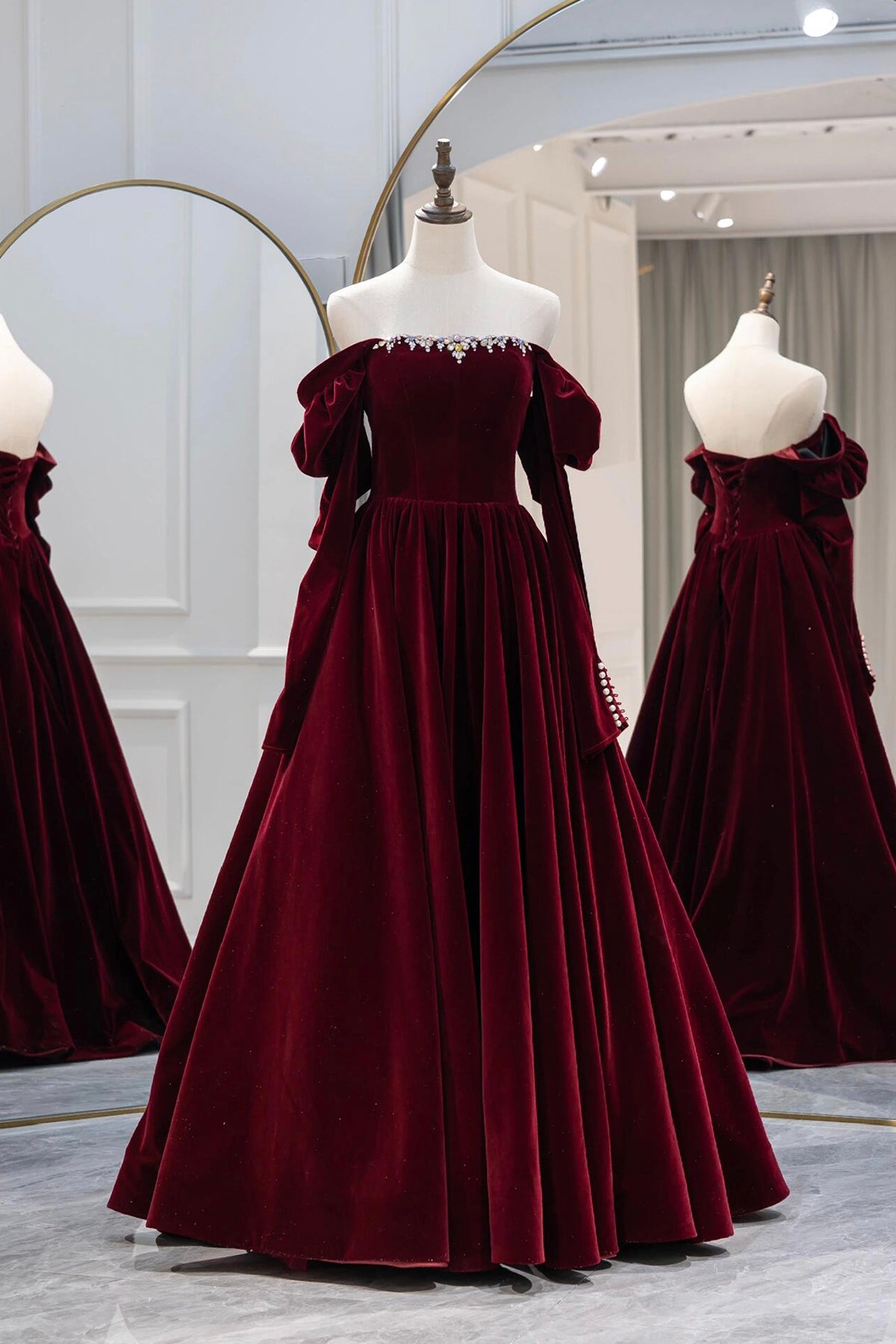 Burgundy Velvet Long Prom Dress, Elegant A-Line Party Dress