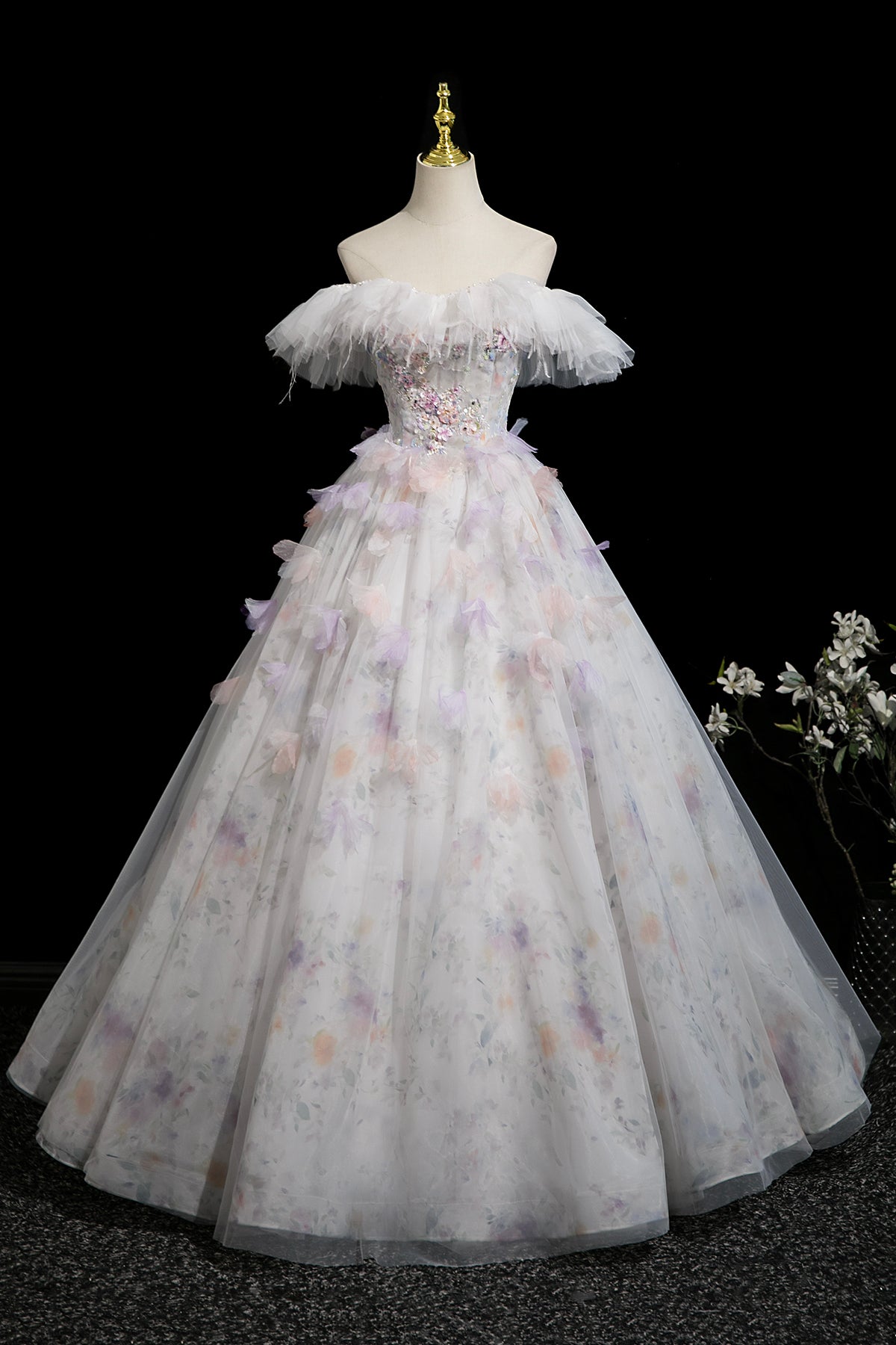 White Floral Print Tulle Long Prom Dress, Beautiful A-Line Party Dress