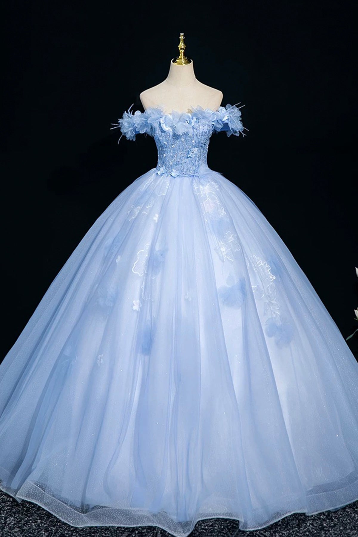 Blue Tulle Sequins Long Prom Dress, Beautiful A-Line Evening Party Dress
