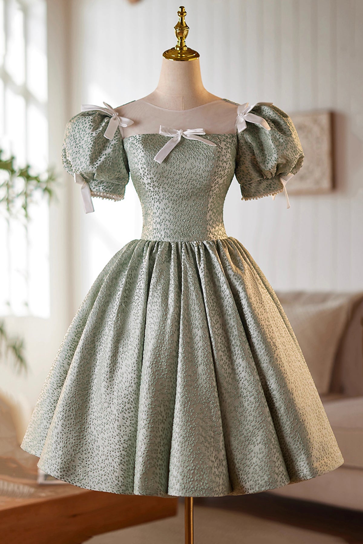 Green A-Line Knee Length Prom Dress, Green Short Sleeve Party Dress