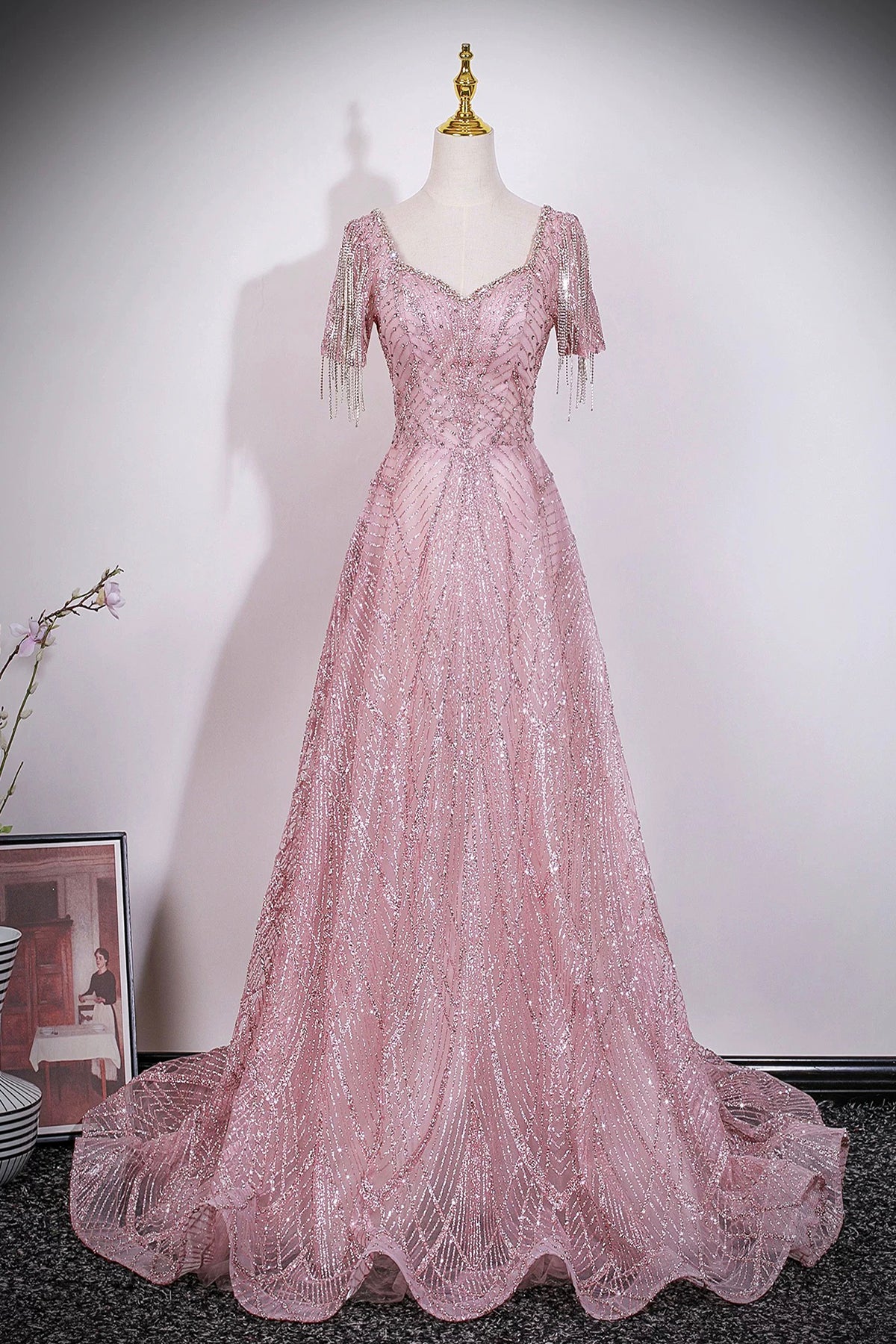 Glamorous Dusty Pink Beaded Prom Dress with Tassel Sleeves, V Neck Sparkly Evening Gown