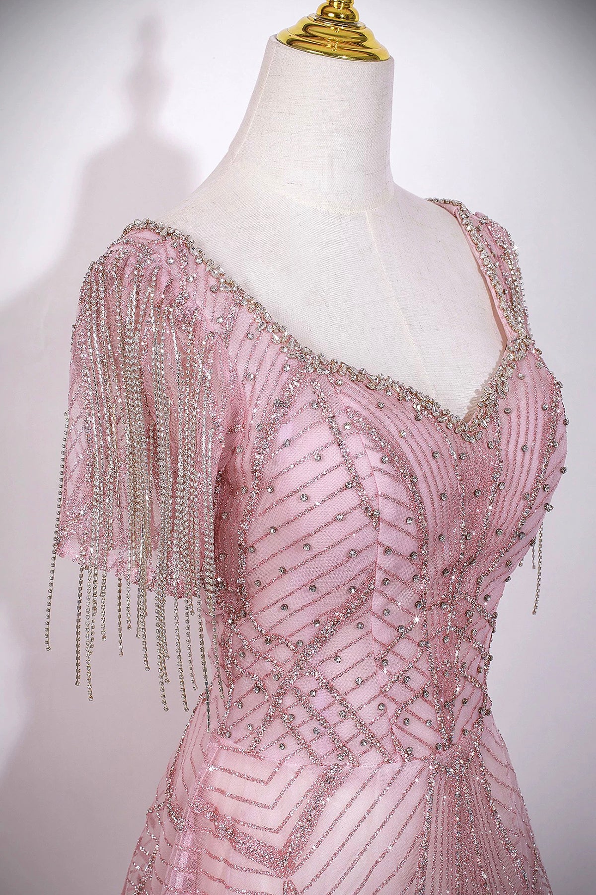 Glamorous Dusty Pink Beaded Prom Dress with Tassel Sleeves, V Neck Sparkly Evening Gown