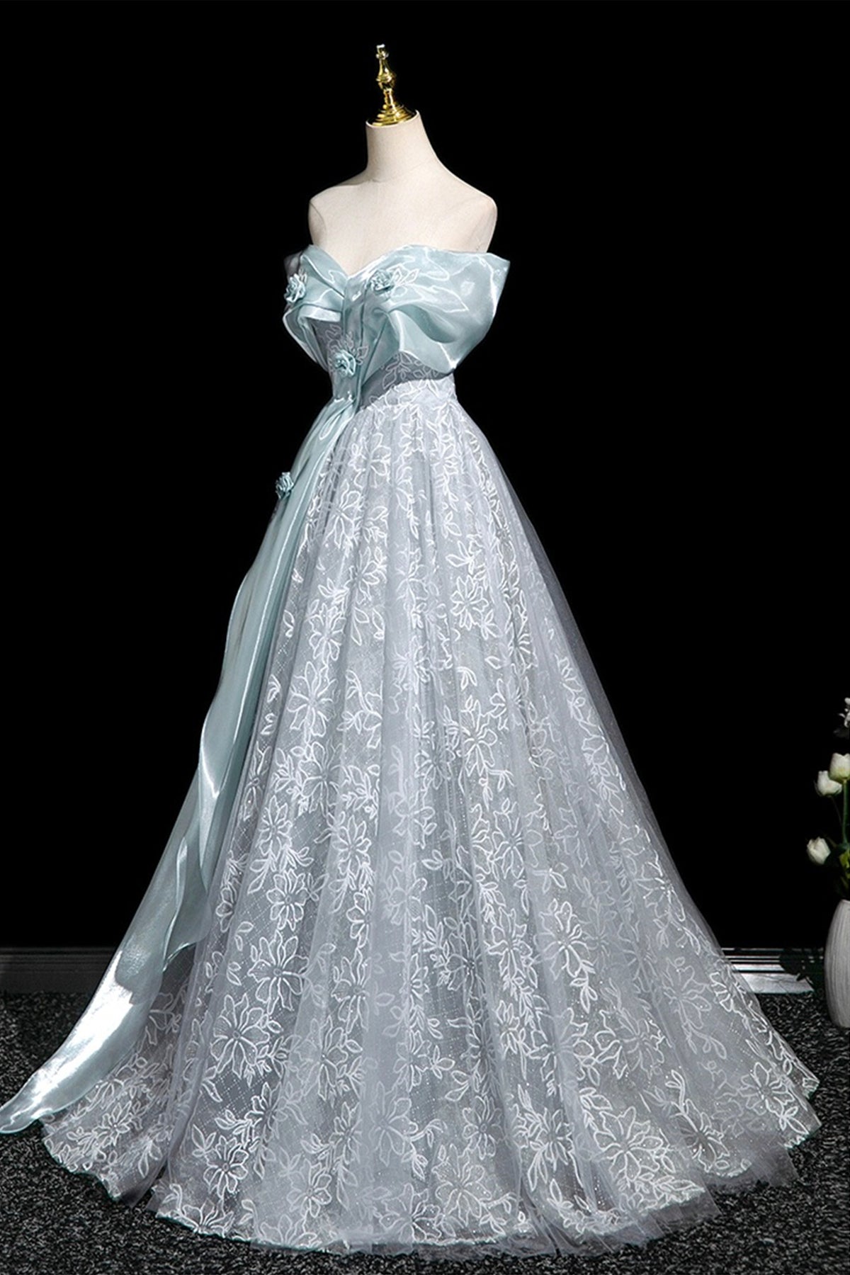 Blue Tulle Lace Long Prom Dress, Beautiful A-Line Evening Party Dress