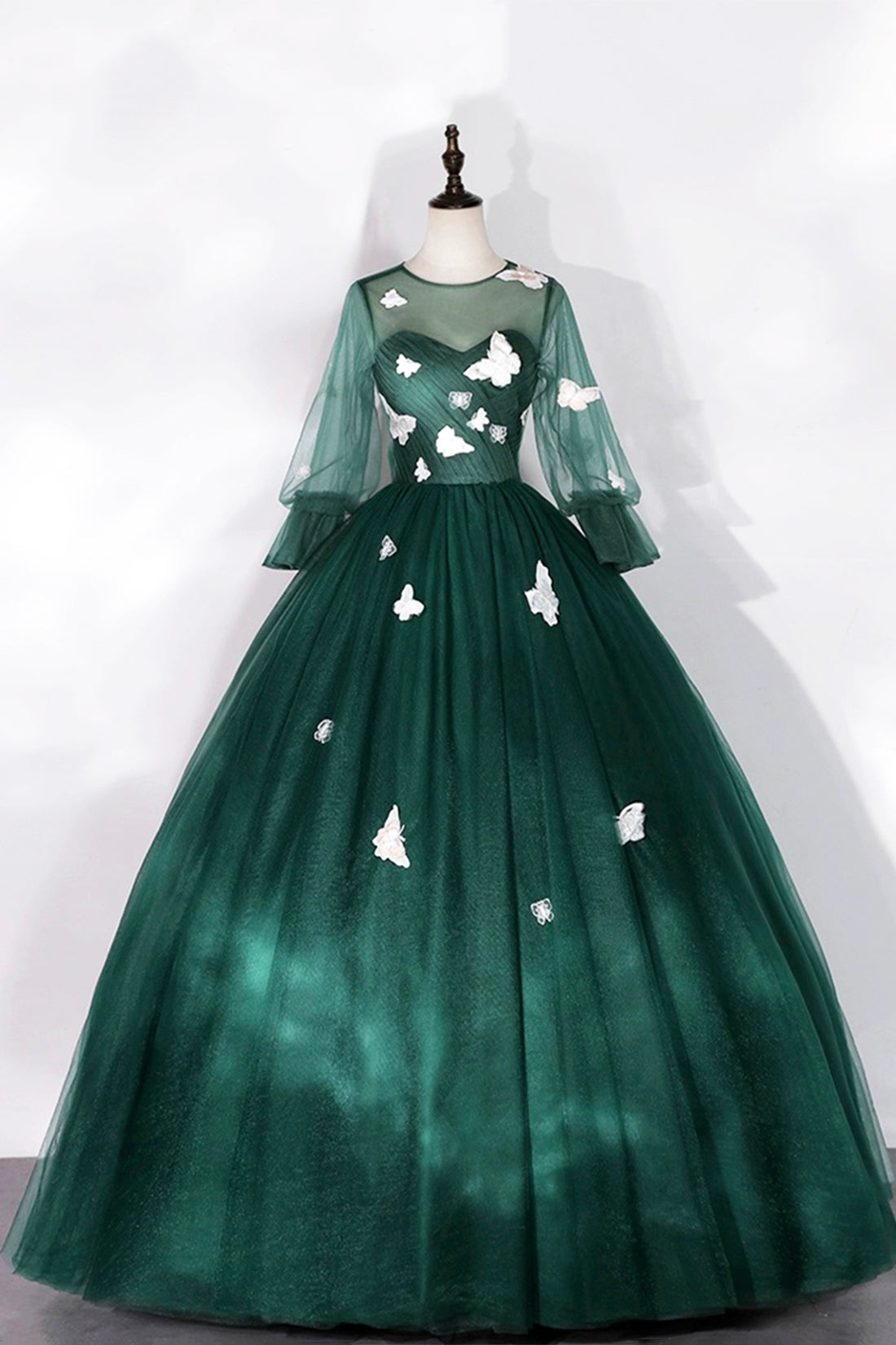 Dark Green Tulle Long Prom Dress, A-Line Long Sleeve Evening Party Dre Dark Green Tulle Long Prom Dress, A-Line Long Sleeve Evening Party Dre