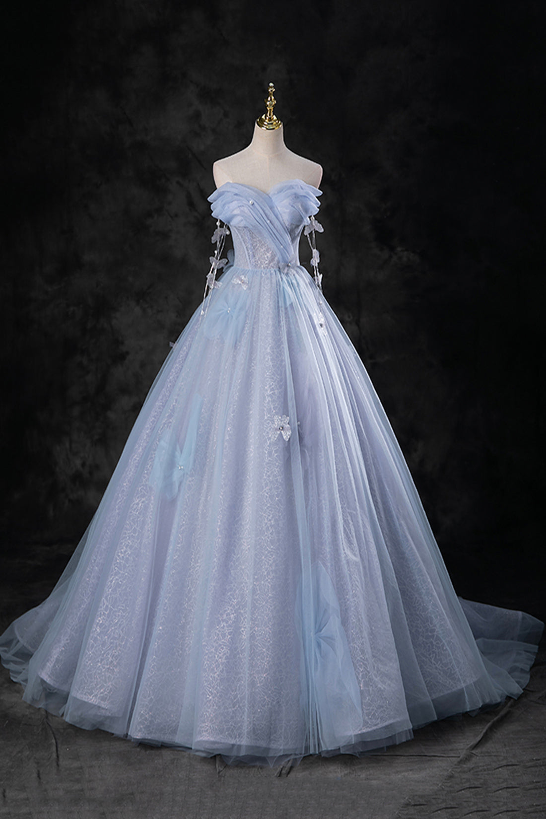 Blue Tulle Long A-Line Prom Dress Party Dress, Beautiful Off the Shoul