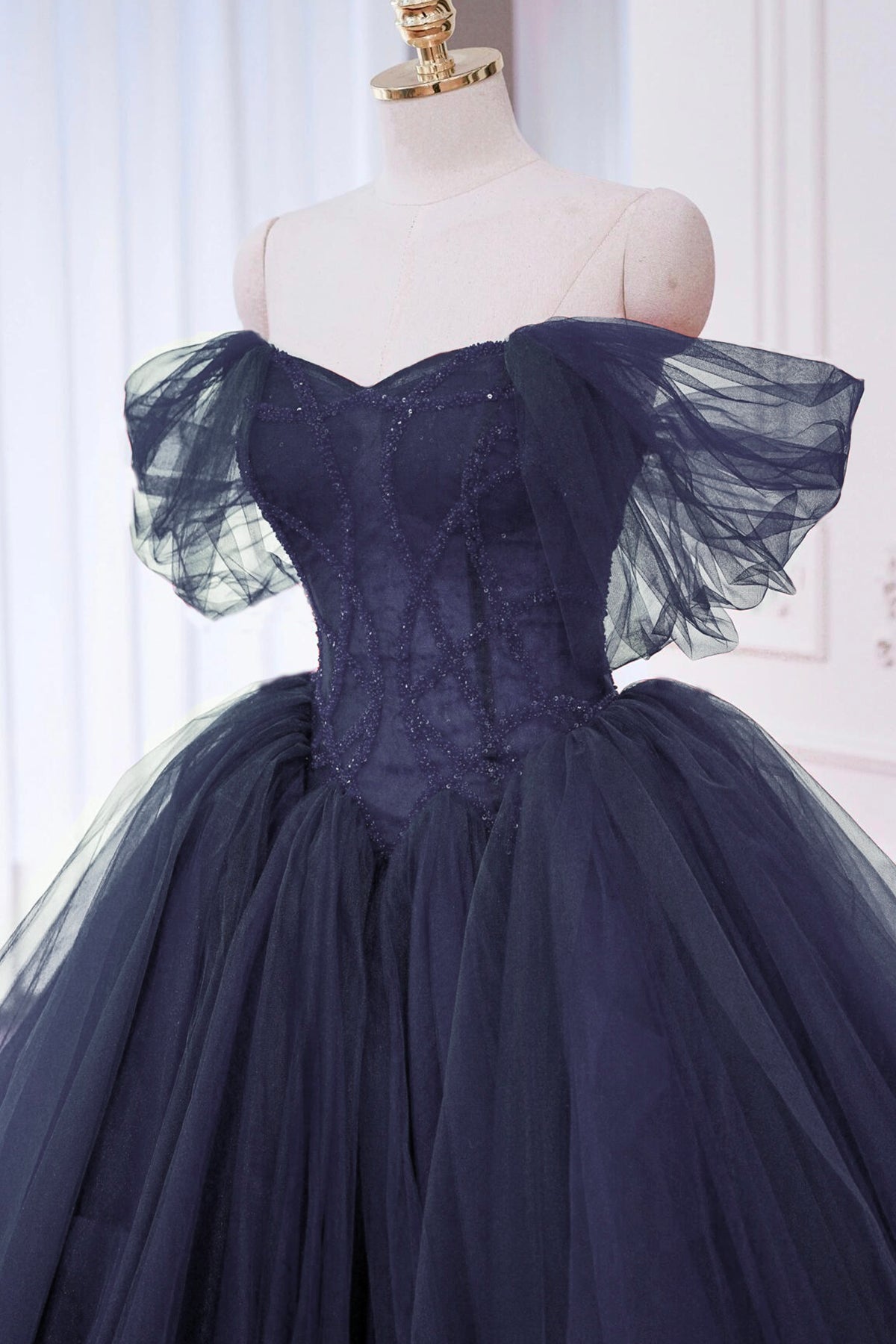 Navy Tulle Beads Long Prom Dress, A-Line Off the Shoulder Formal Evening Dress